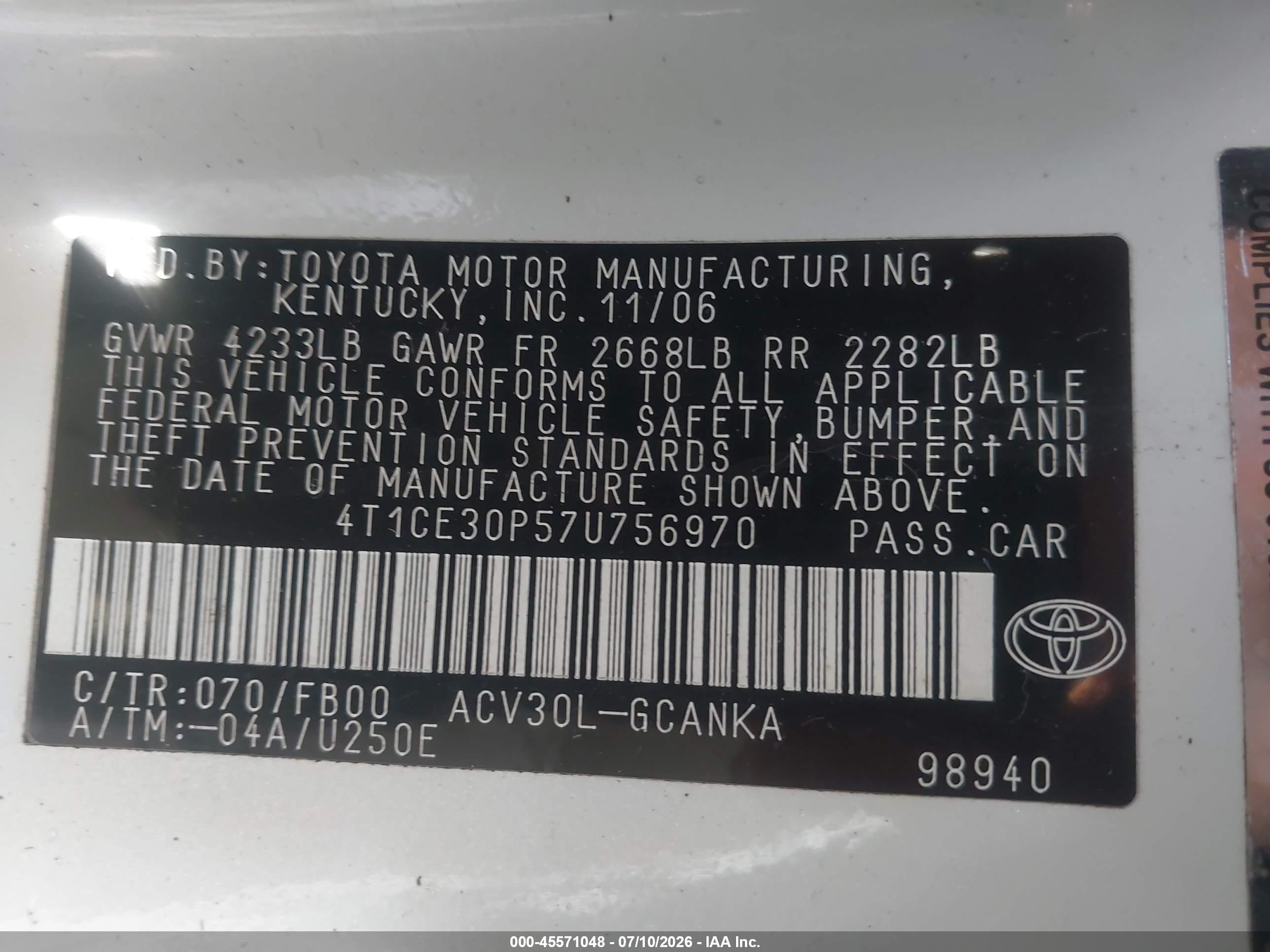 2007 Toyota Camry Solara Se White vin: 4T1CE30P57U756970