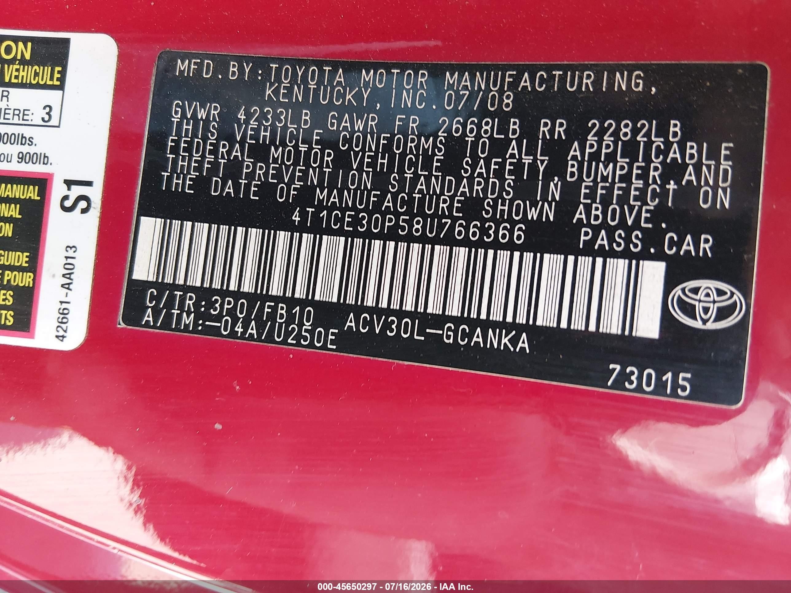 2008 Toyota Camry Solara Se Red vin: 4T1CE30P58U766366