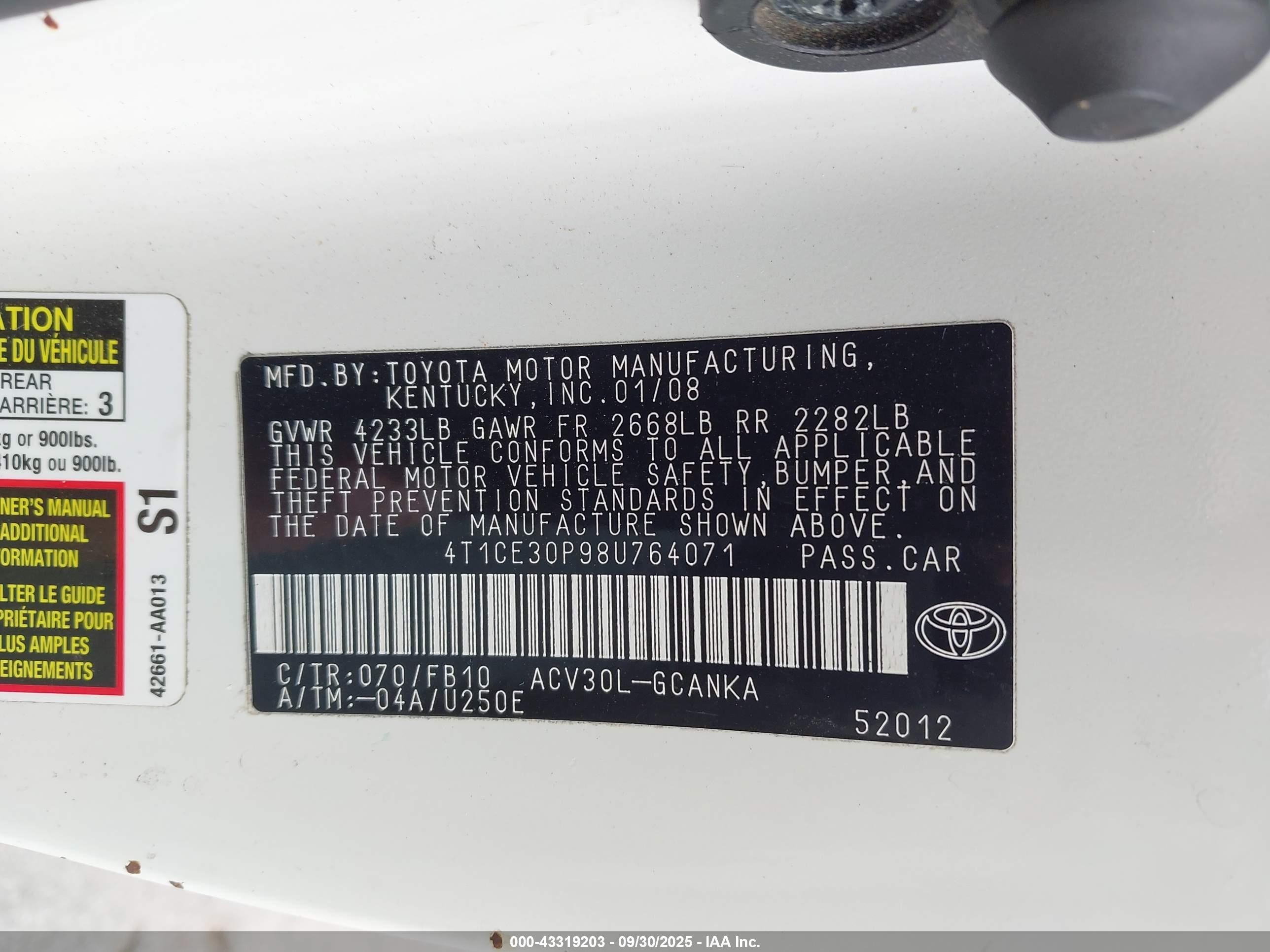 2008 Toyota Camry Solara Se White vin: 4T1CE30P98U764071