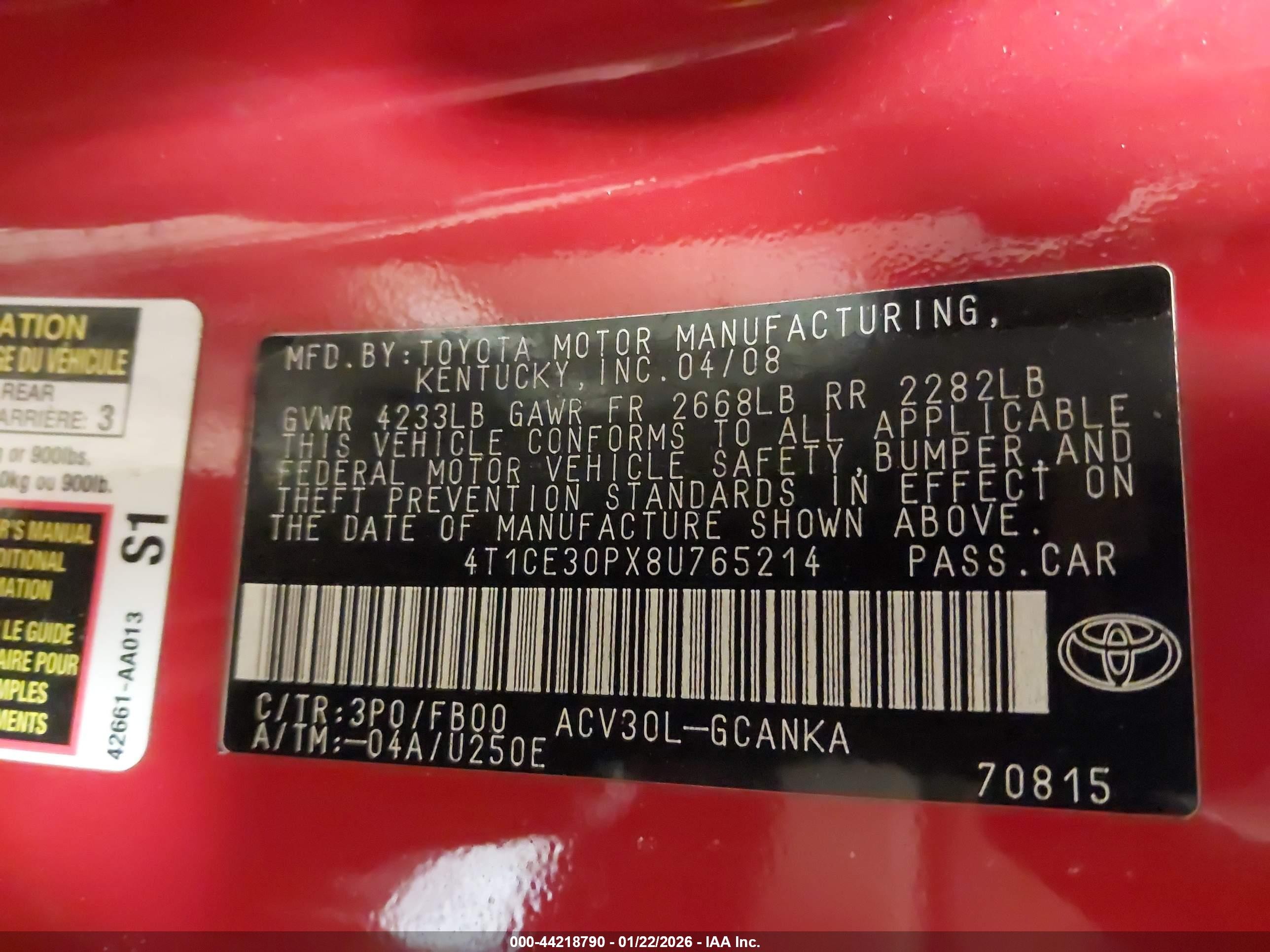 2008 Toyota Camry Solara Se Red vin: 4T1CE30PX8U765214