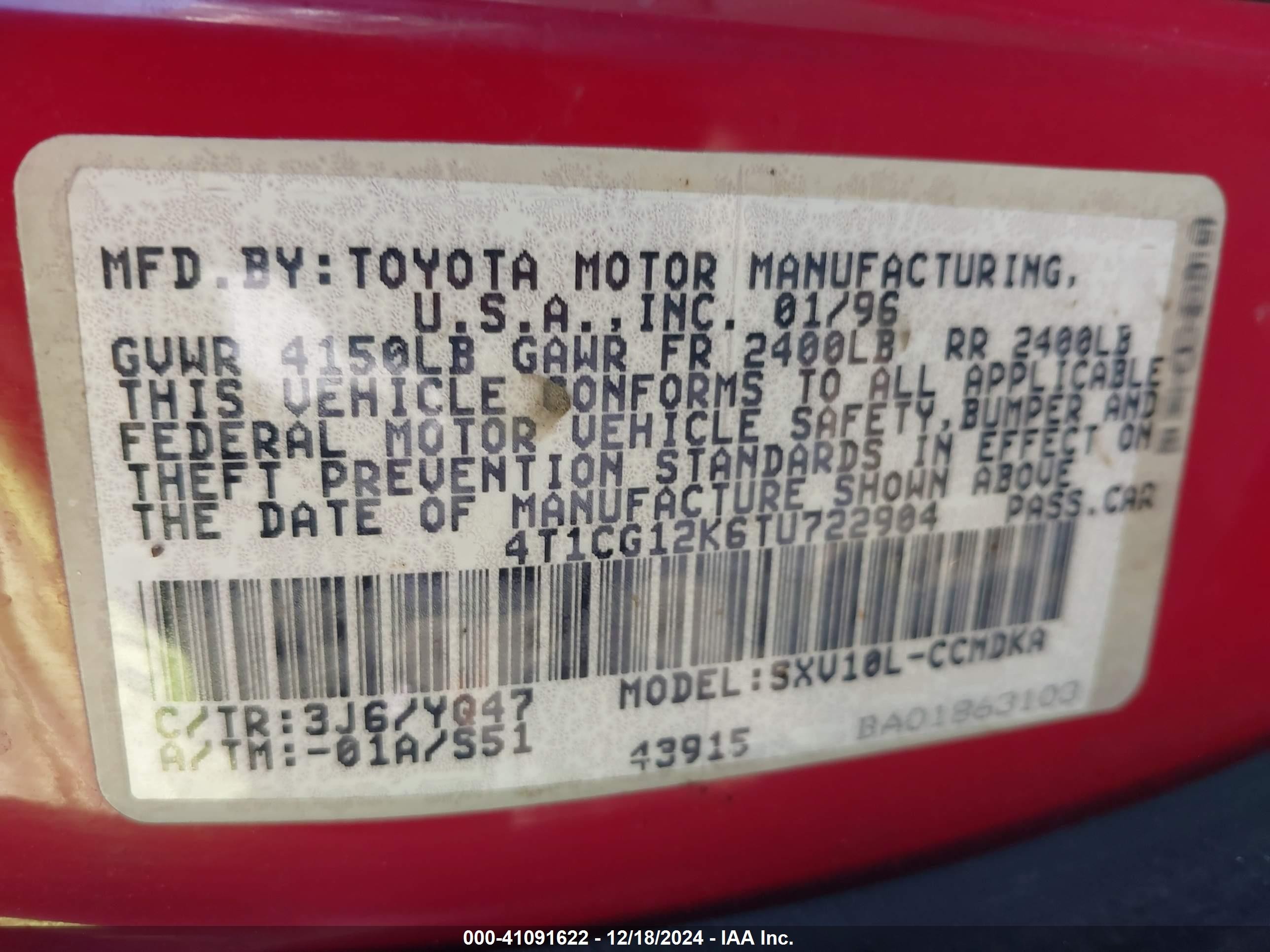 1996 Toyota Camry Dx/le Burgundy vin: 4T1CG12K6TU722904