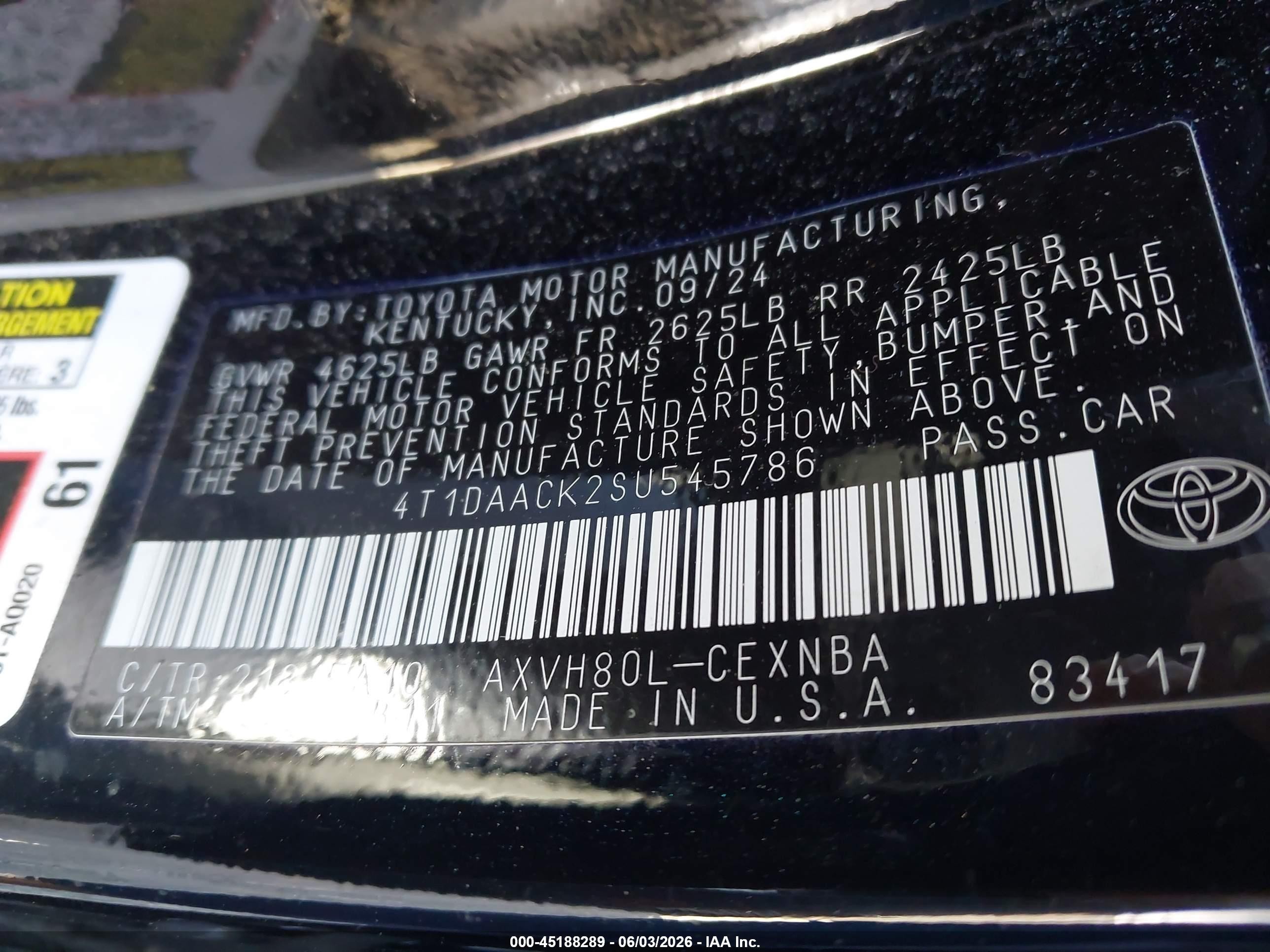 2025 Toyota Camry Le Black vin: 4T1DAACK2SU545786