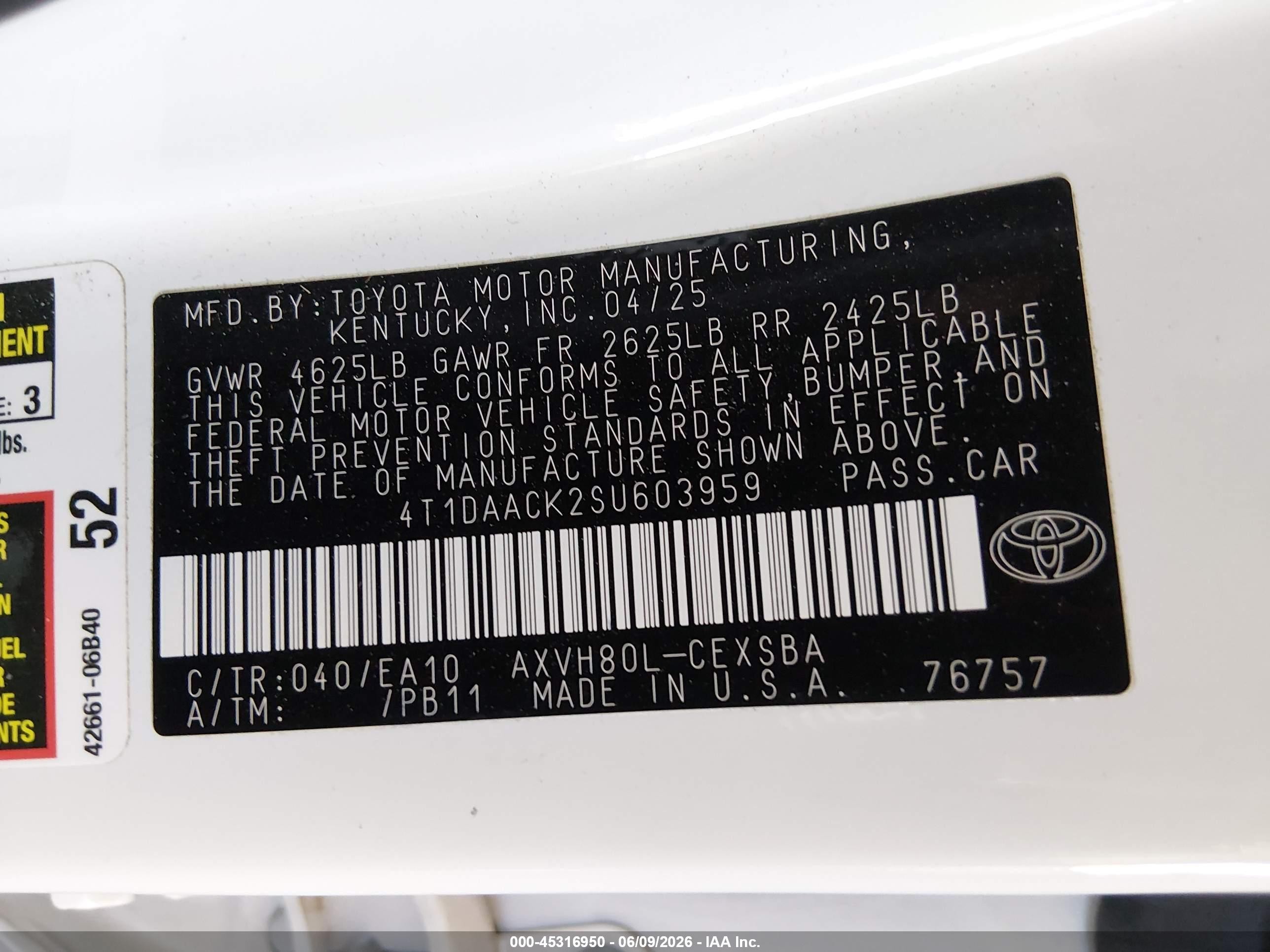2025 Toyota Camry Se White vin: 4T1DAACK2SU603959
