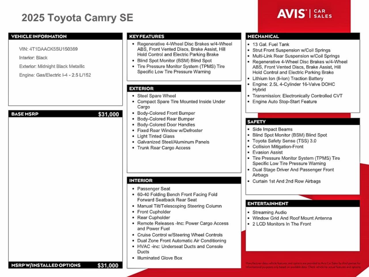 2025 Toyota Camry Se Черный vin: 4T1DAACK5SU150369