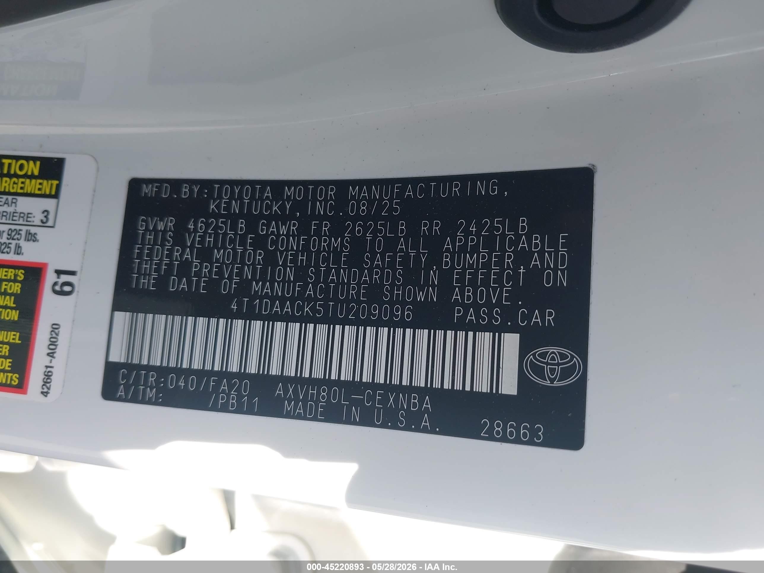 2026 Toyota Camry Le Белый vin: 4T1DAACK5TU209096