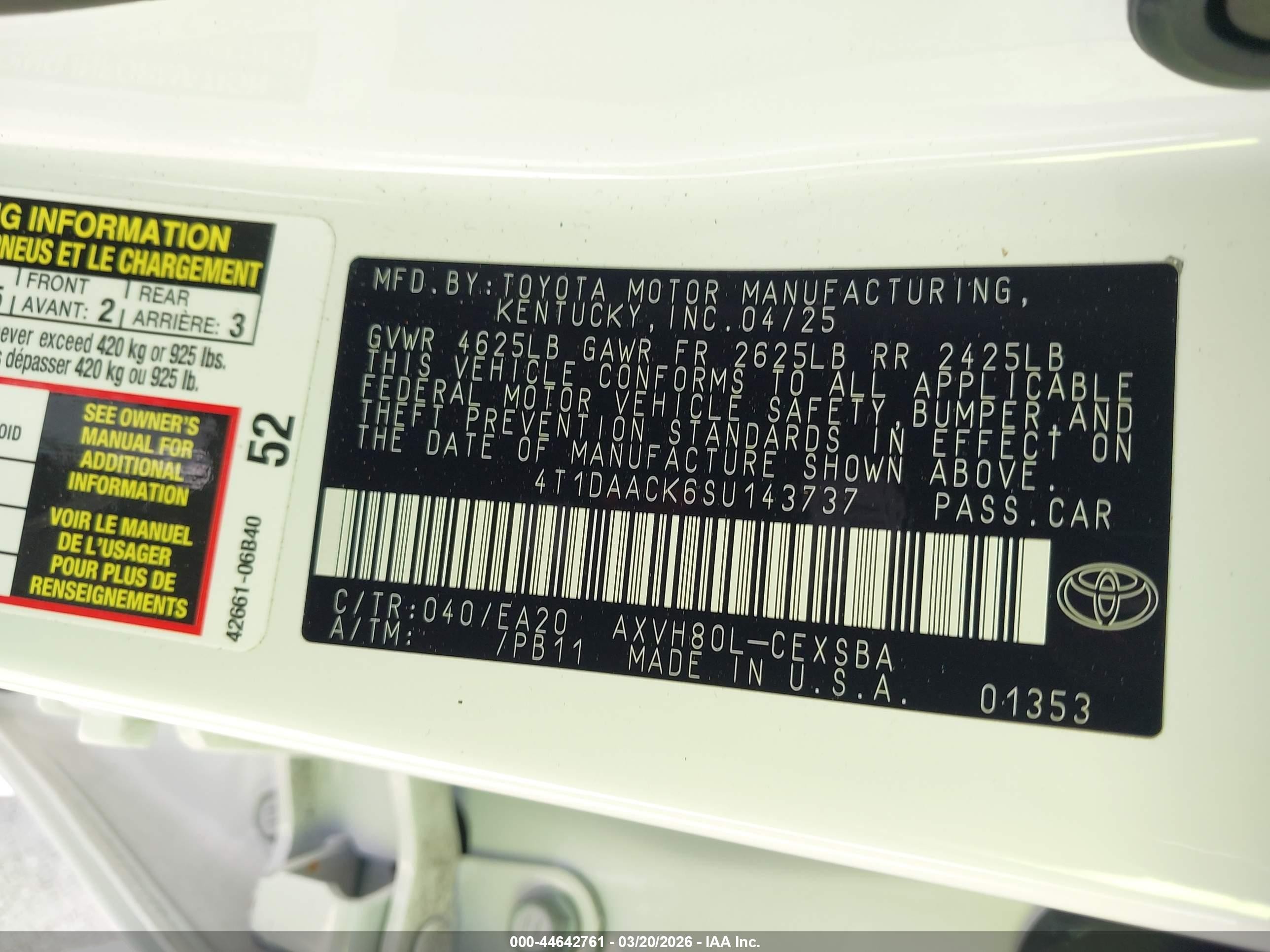 2025 Toyota Camry Se White vin: 4T1DAACK6SU143737