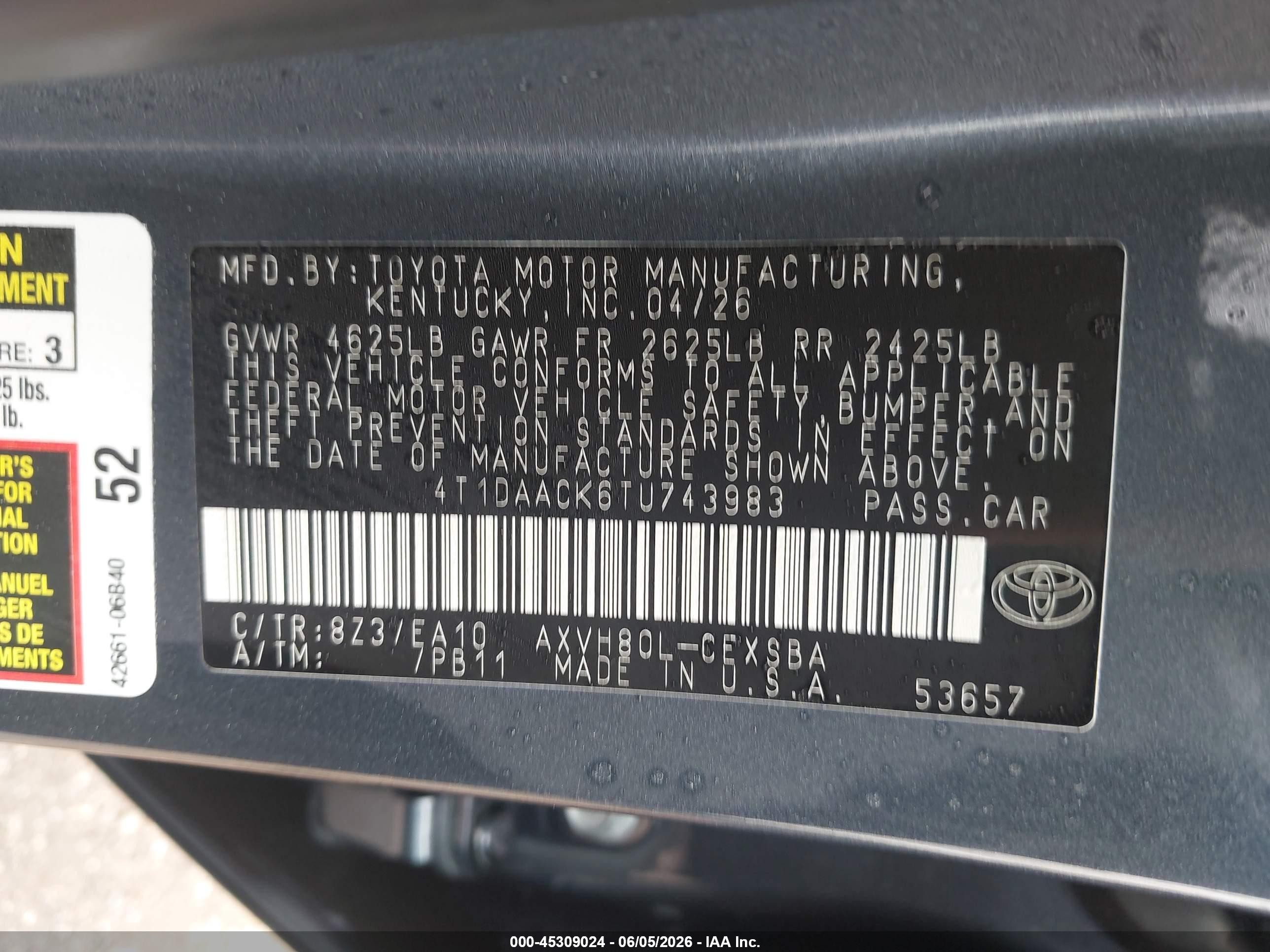 2026 Toyota Camry Se Blue vin: 4T1DAACK6TU743983