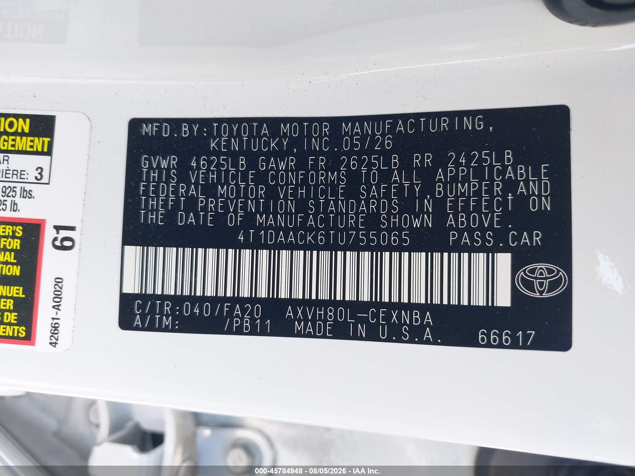 2026 Toyota Camry Le White vin: 4T1DAACK6TU755065