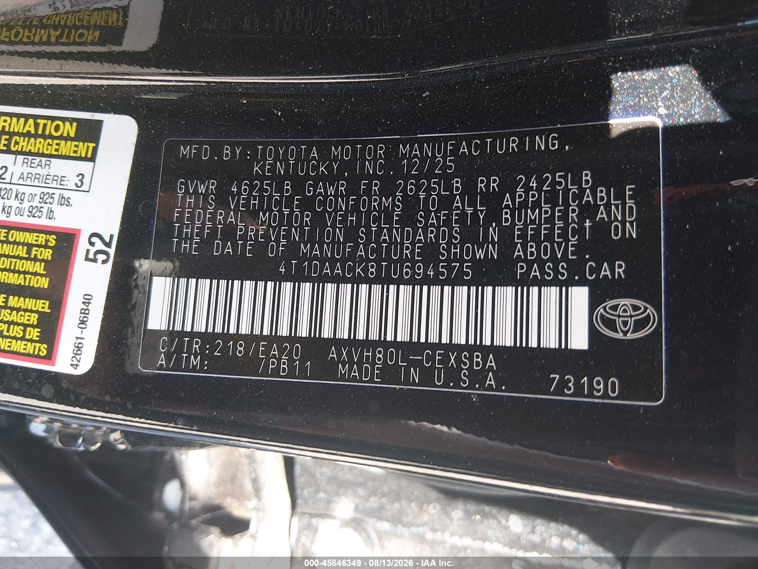 2026 Toyota Camry Se Черный vin: 4T1DAACK8TU694575