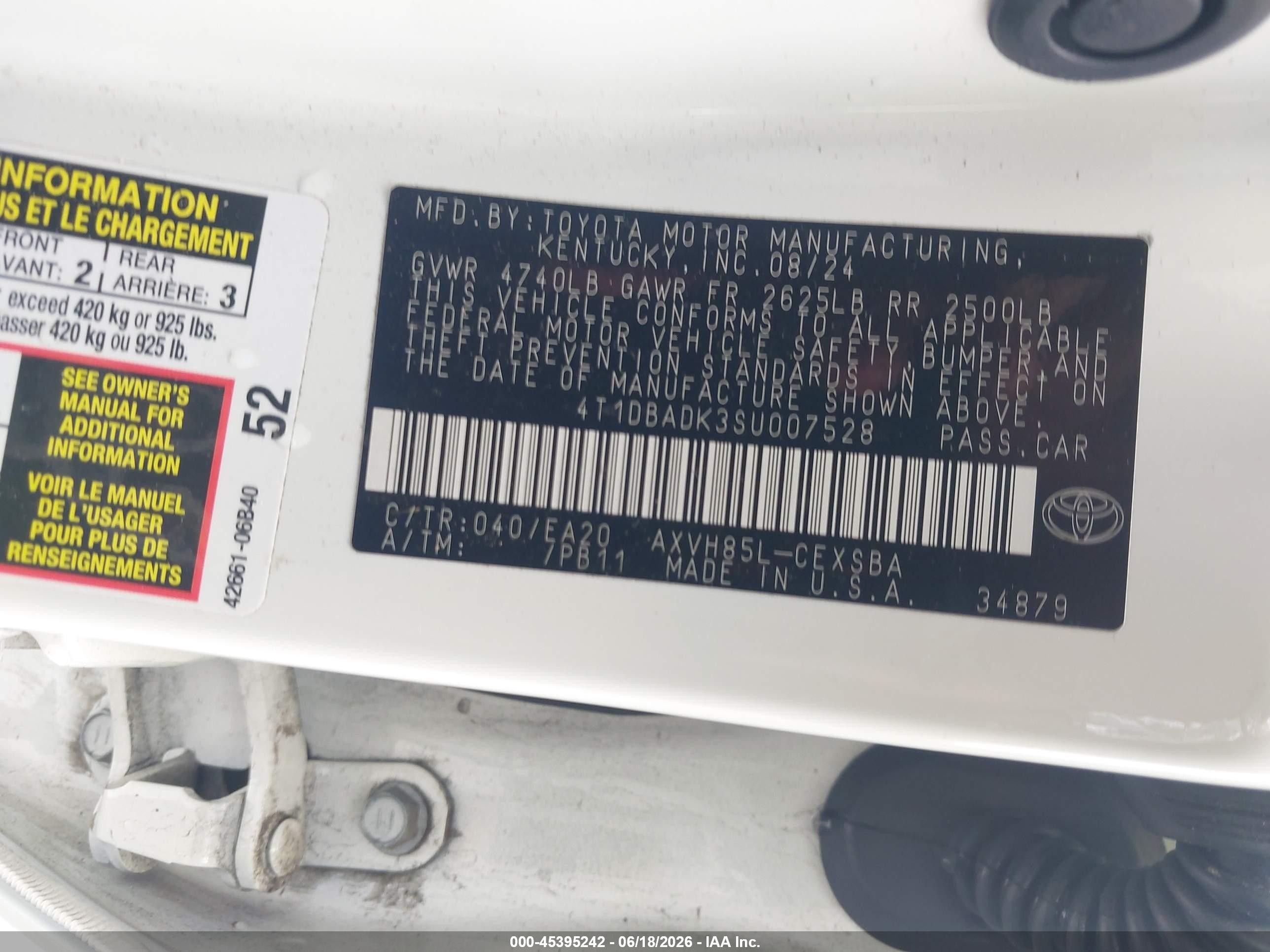 2025 Toyota Camry Se White vin: 4T1DBADK3SU007528