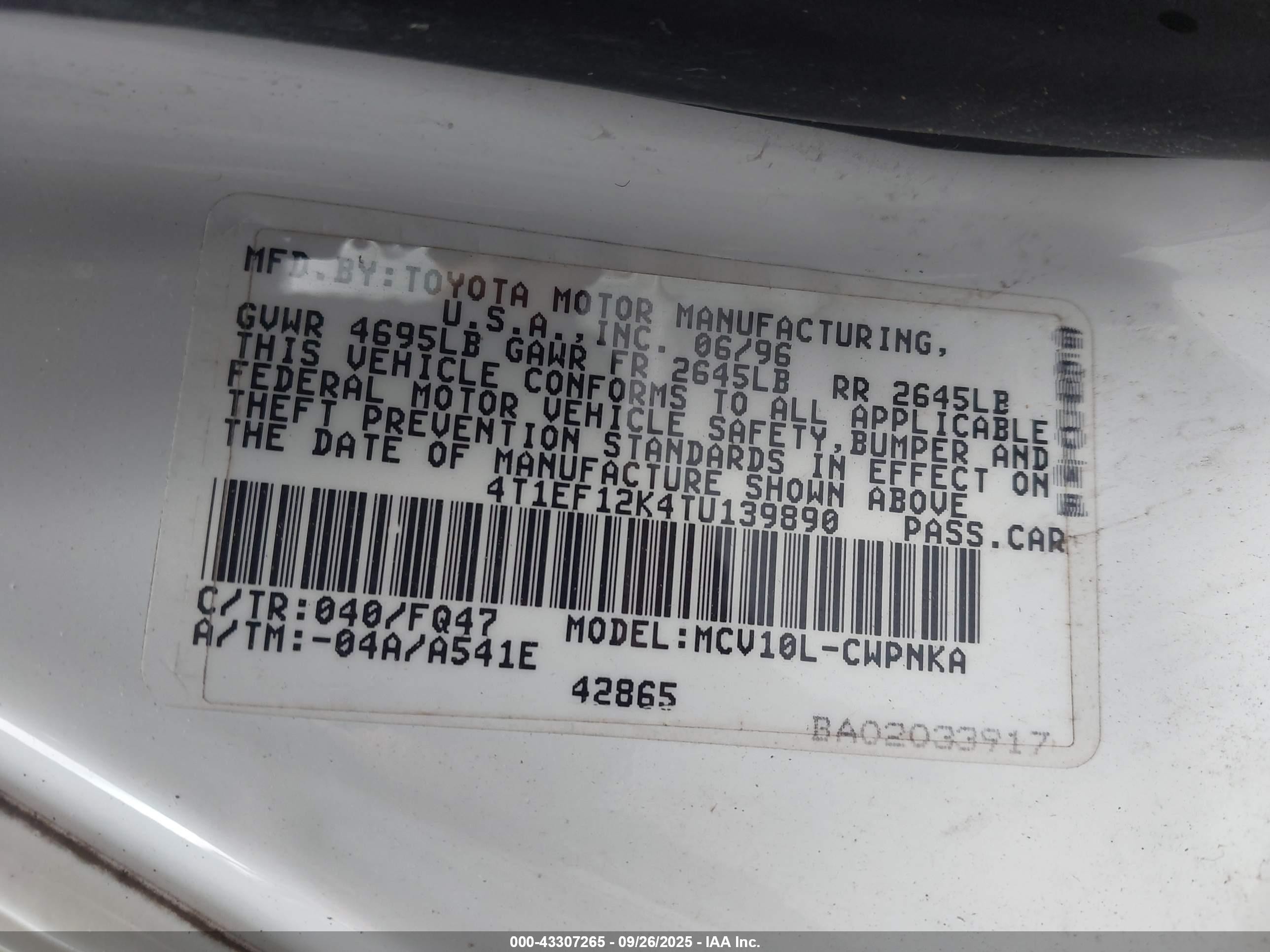 1996 Toyota Camry Le White vin: 4T1EF12K4TU139890