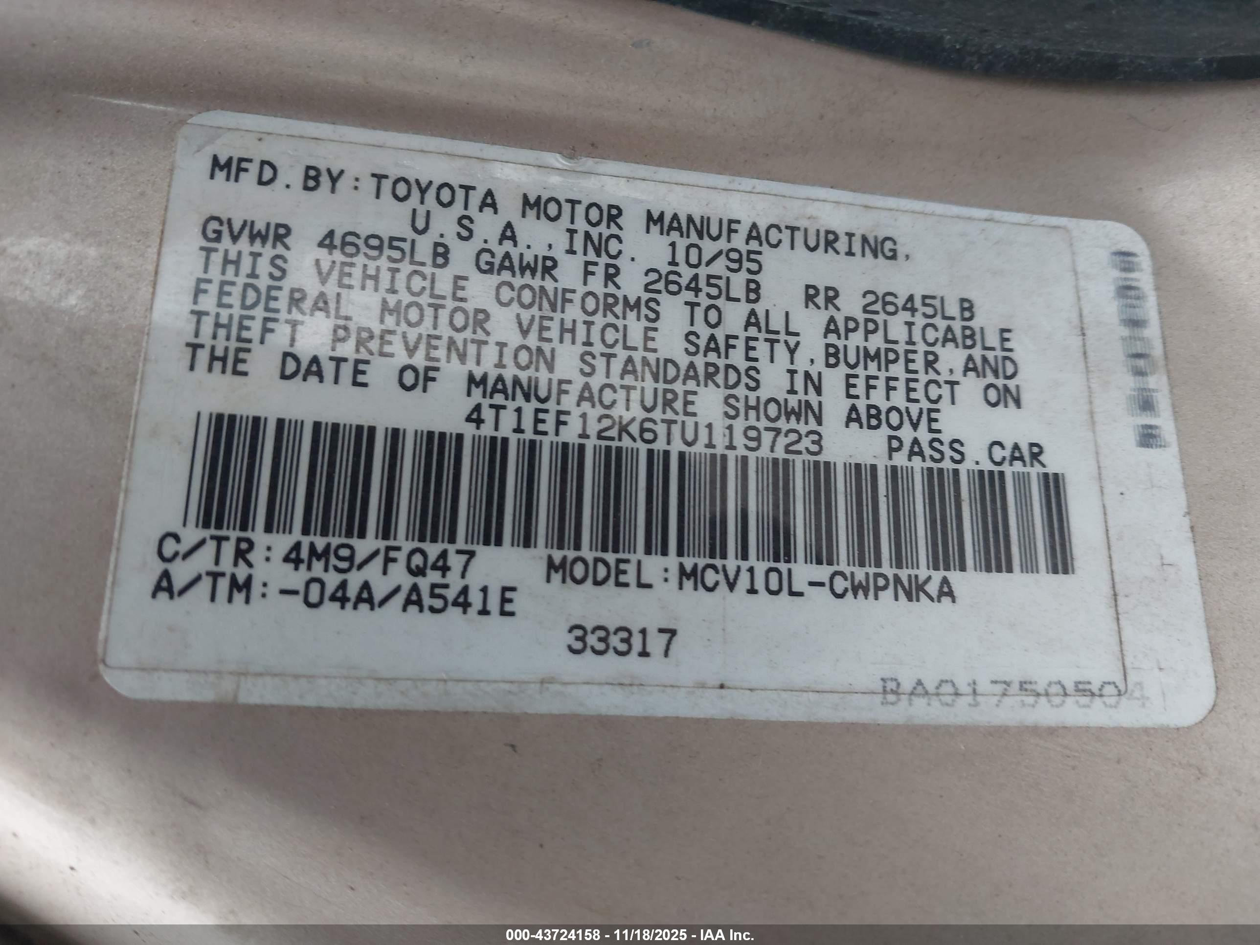 1996 Toyota Camry Le Tan vin: 4T1EF12K6TU119723