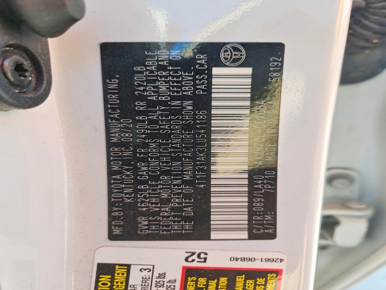 2020 Toyota Camry Xle White vin: 4T1F31AK3LU541186