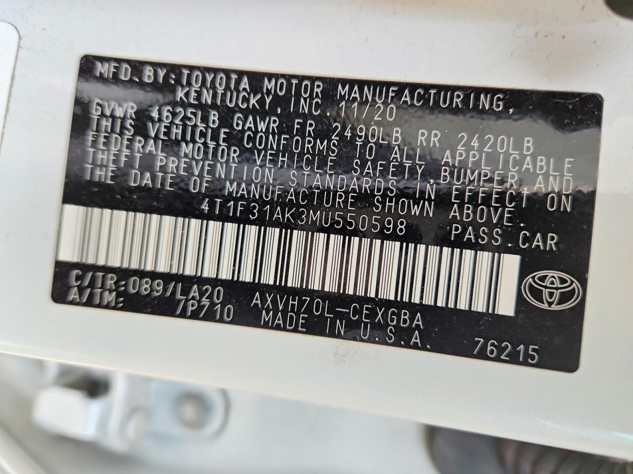 2021 Toyota Camry Xle White vin: 4T1F31AK3MU550598