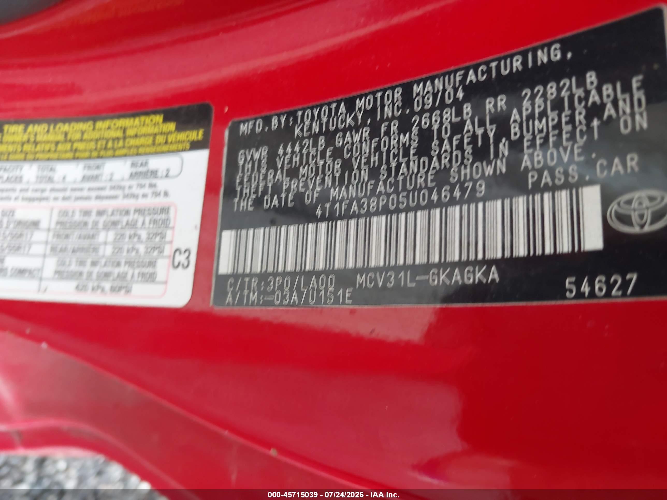 2005 Toyota Camry Solara Sle Red vin: 4T1FA38P05U046479