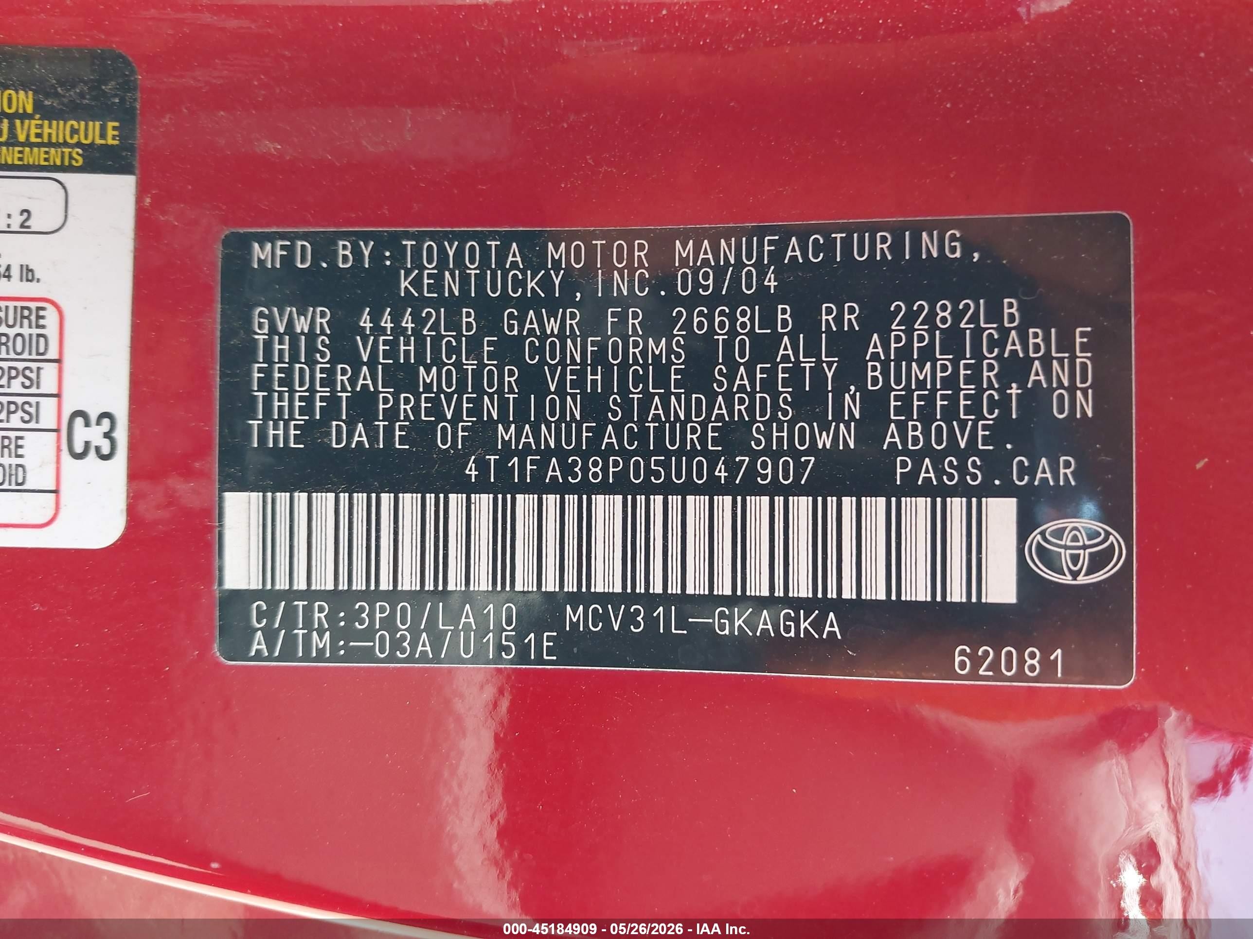 2005 Toyota Camry Solara Sle Red vin: 4T1FA38P05U047907