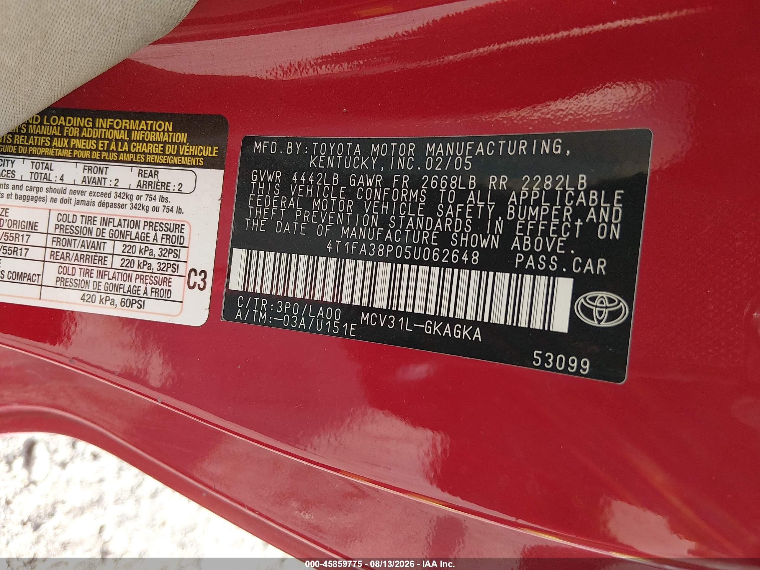 2005 Toyota Camry Solara Sle Red vin: 4T1FA38P05U062648