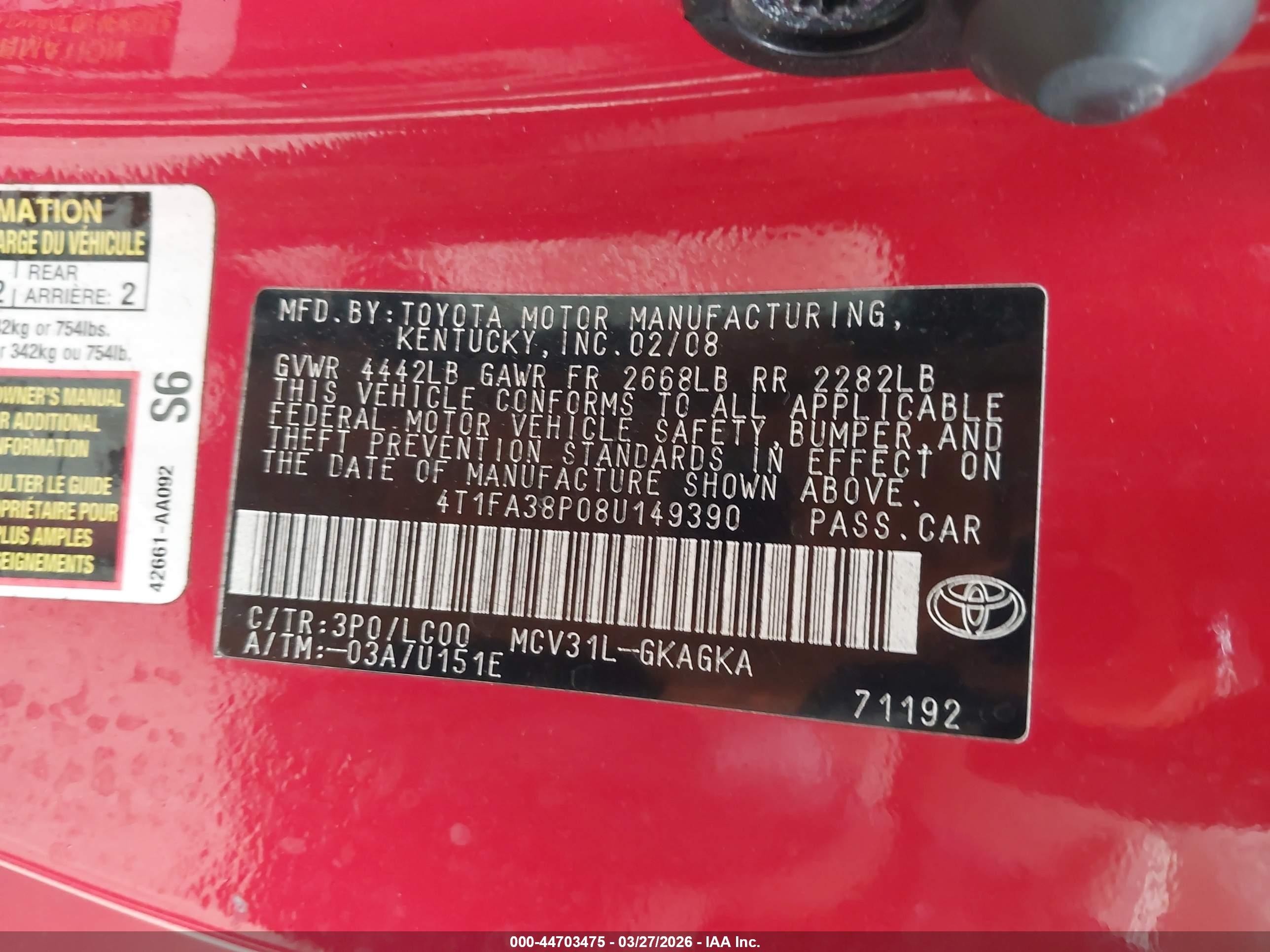 2008 Toyota Camry Solara Sle Red vin: 4T1FA38P08U149390