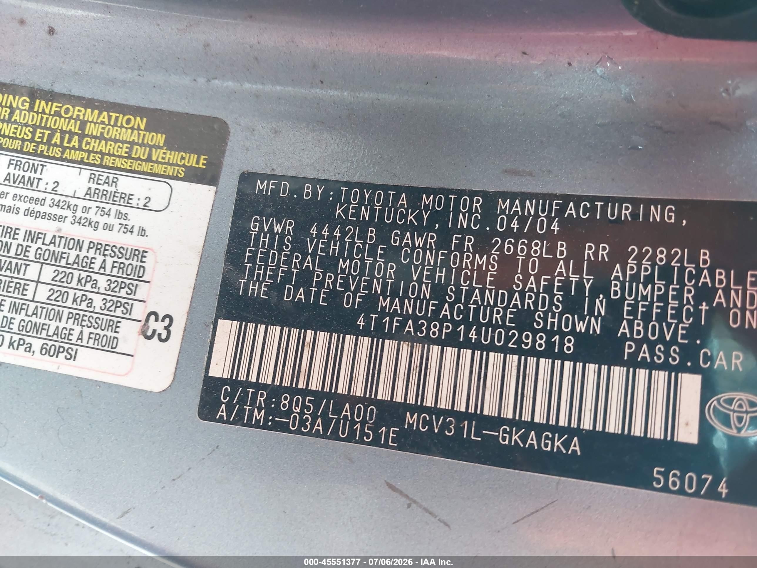 2004 Toyota Camry Solara Sle Light Blue vin: 4T1FA38P14U029818