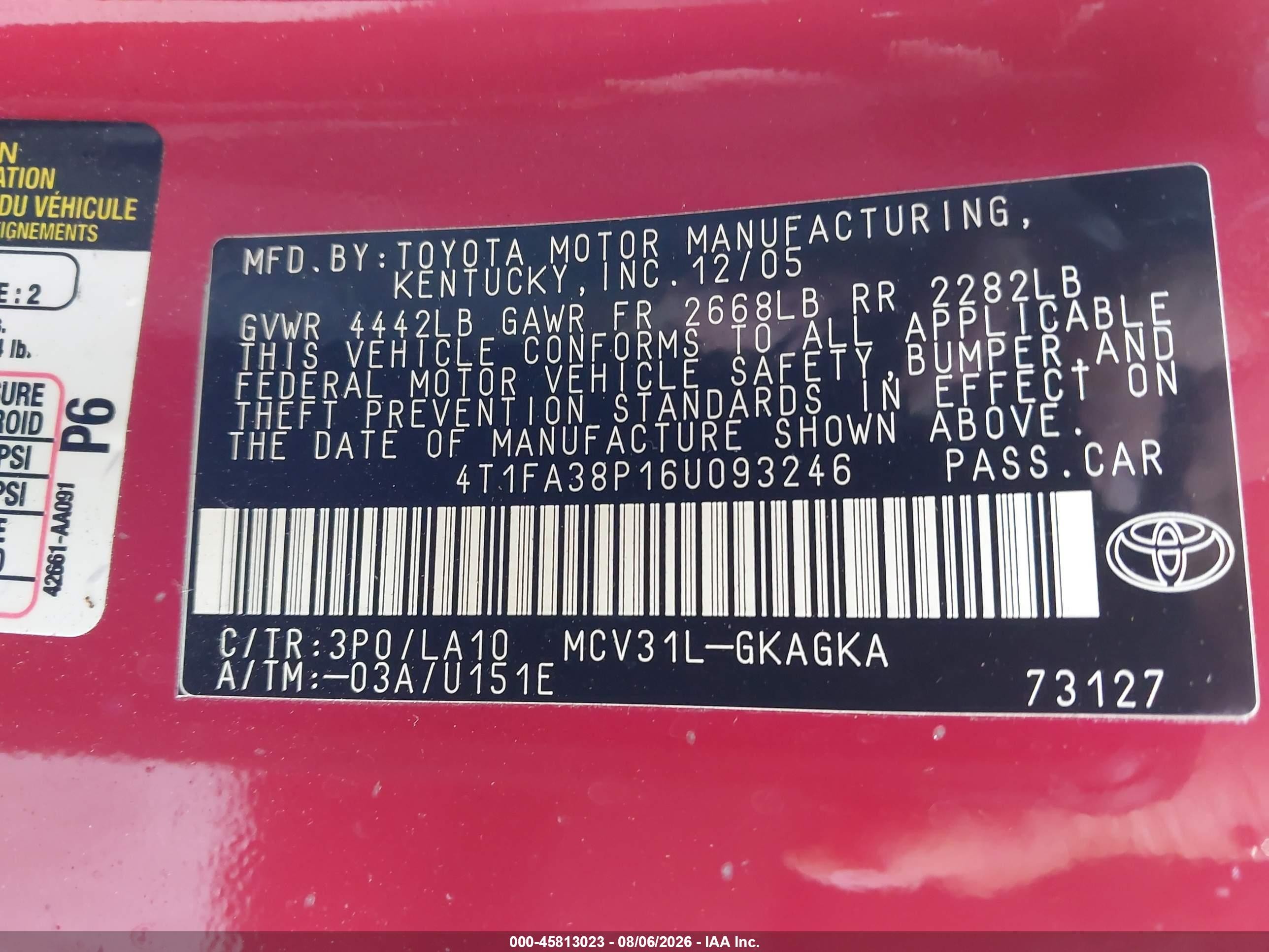 2006 Toyota Camry Solara Sle Red vin: 4T1FA38P16U093246