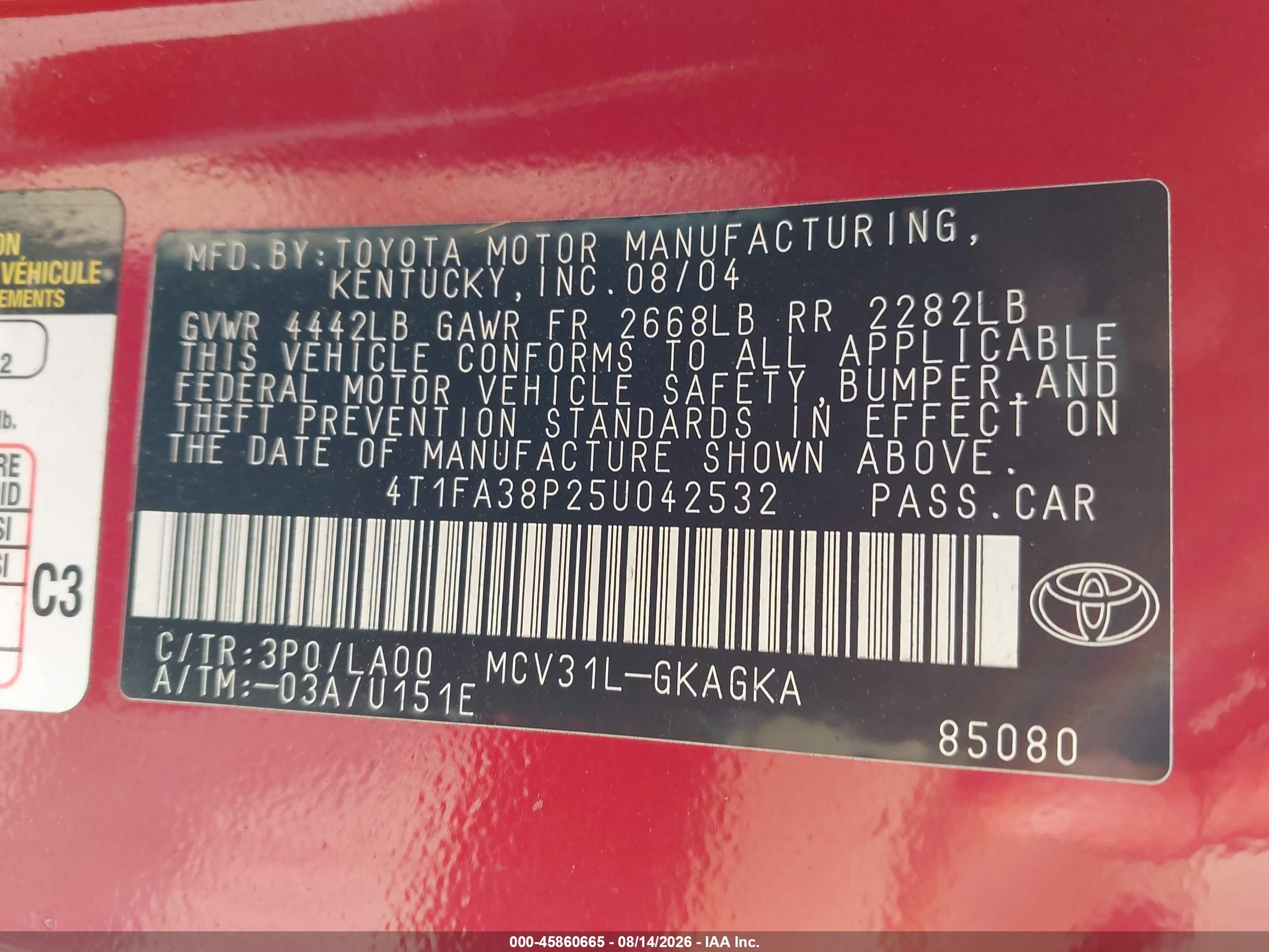 2005 Toyota Camry Solara Sle Red vin: 4T1FA38P25U042532