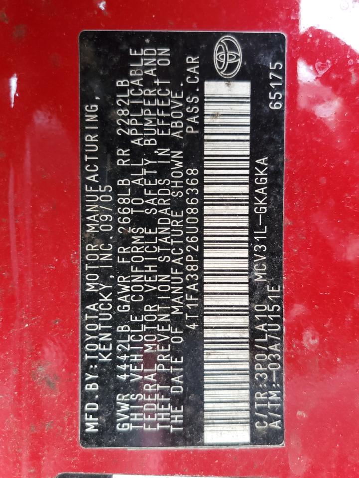 2006 Toyota Camry Solara Sle V6 Red vin: 4T1FA38P26U086368
