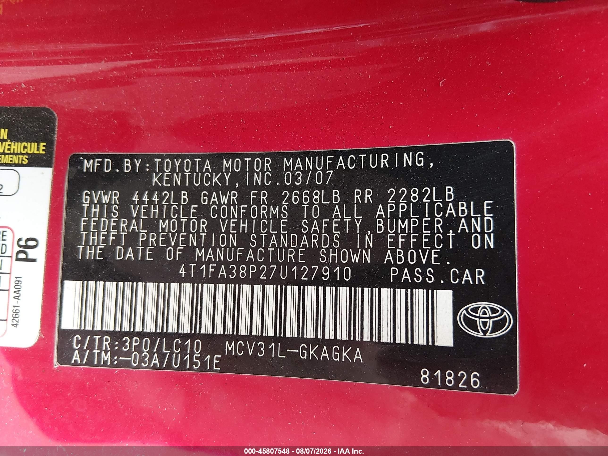2007 Toyota Camry Solara Sle Red vin: 4T1FA38P27U127910