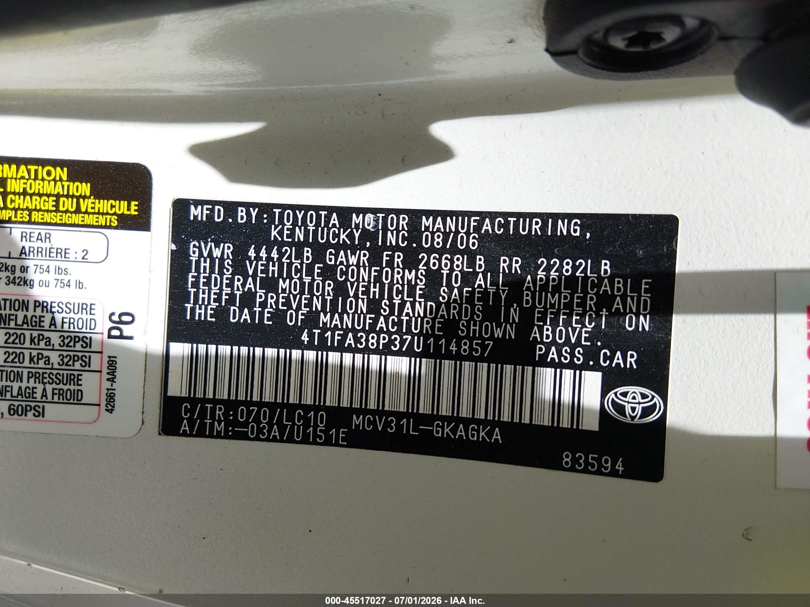 2007 Toyota Camry Solara Sle White vin: 4T1FA38P37U114857