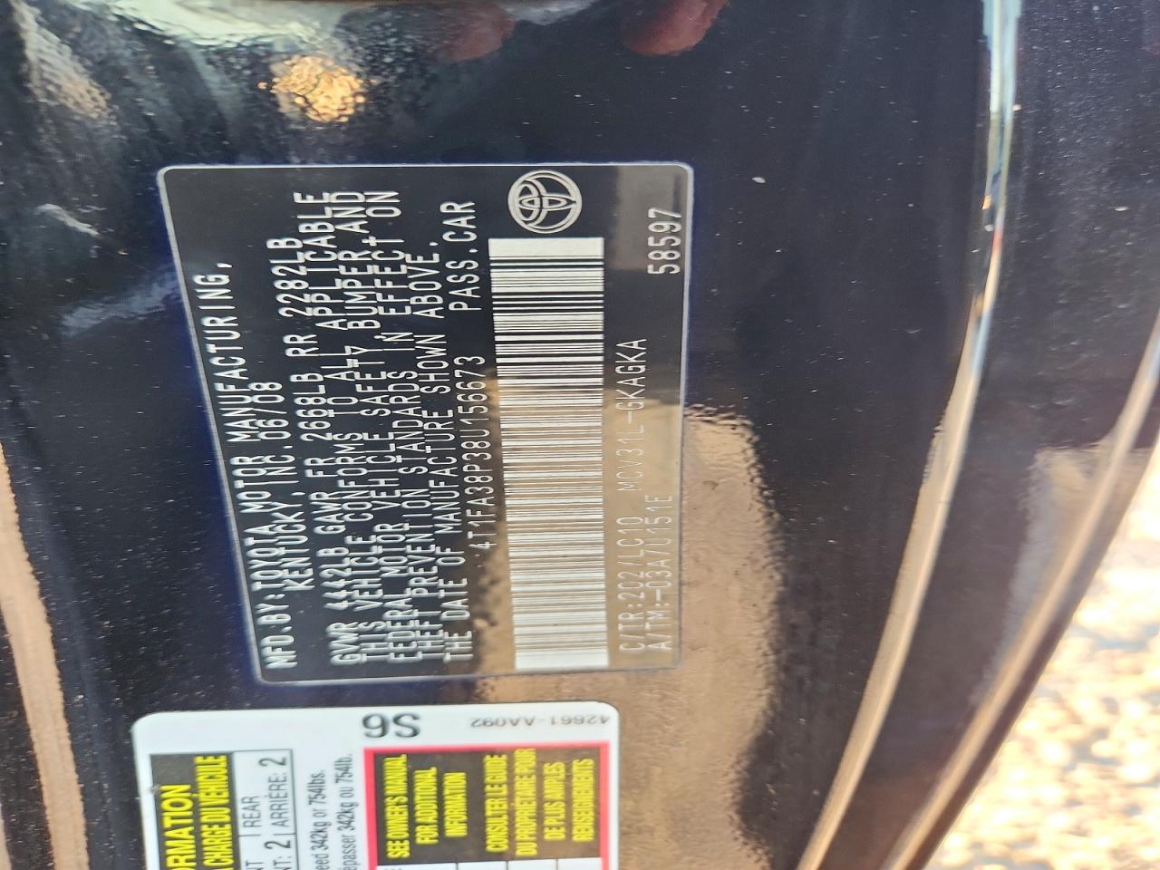 2008 Toyota Camry Solara Sle V6 Black vin: 4T1FA38P38U156673