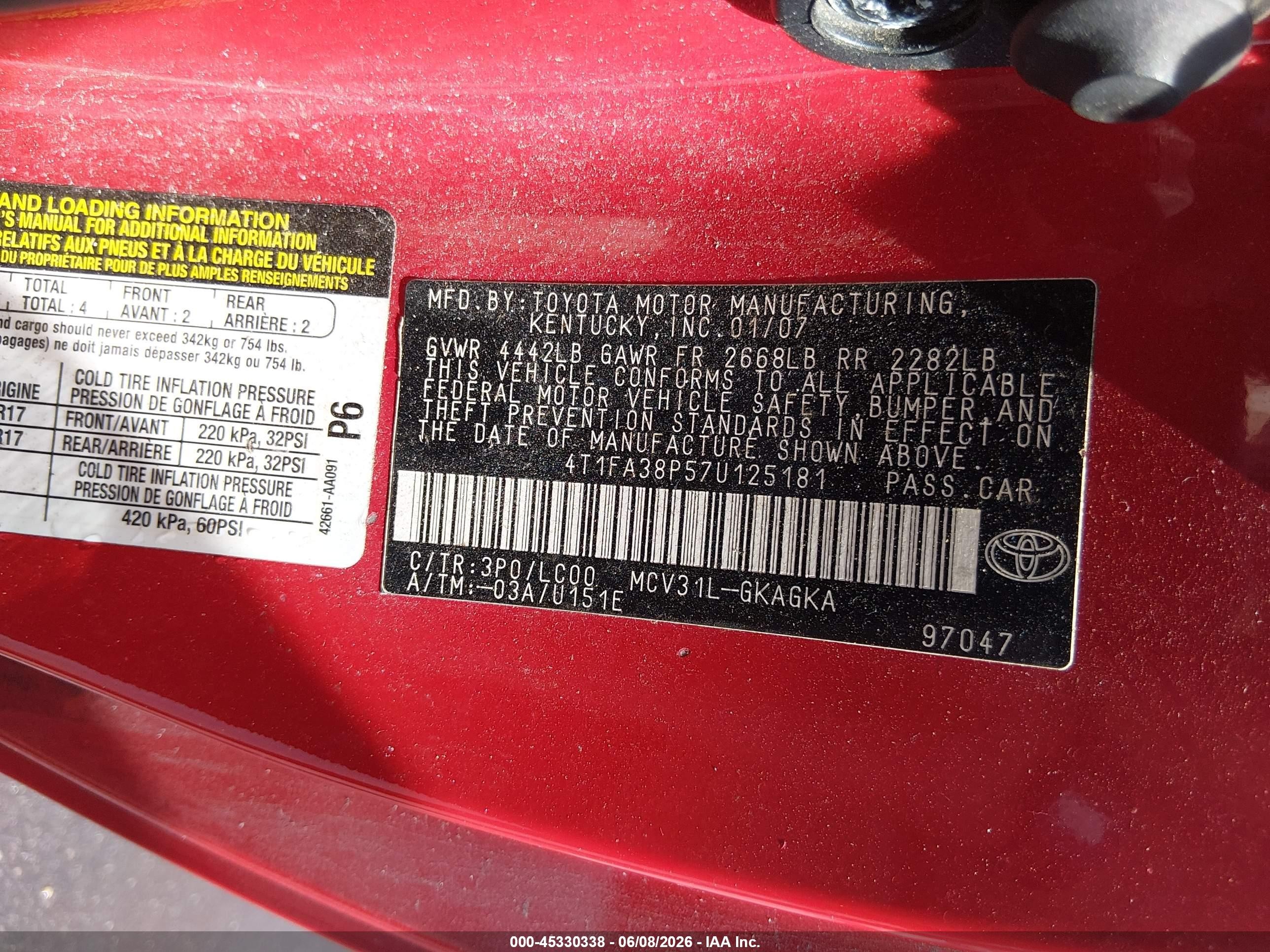 2007 Toyota Camry Solara Sle Red vin: 4T1FA38P57U125181