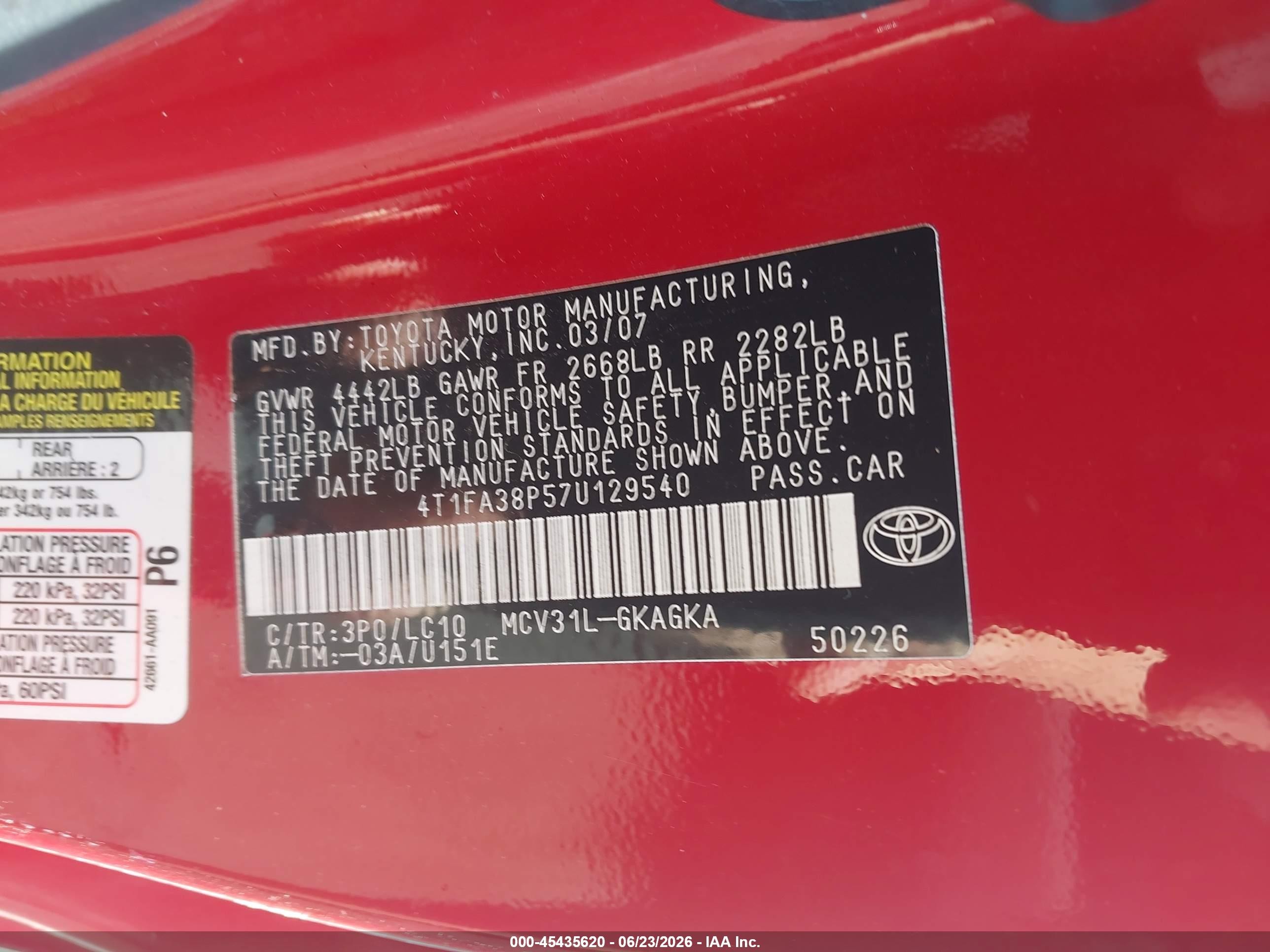 2007 Toyota Camry Solara Sle Red vin: 4T1FA38P57U129540