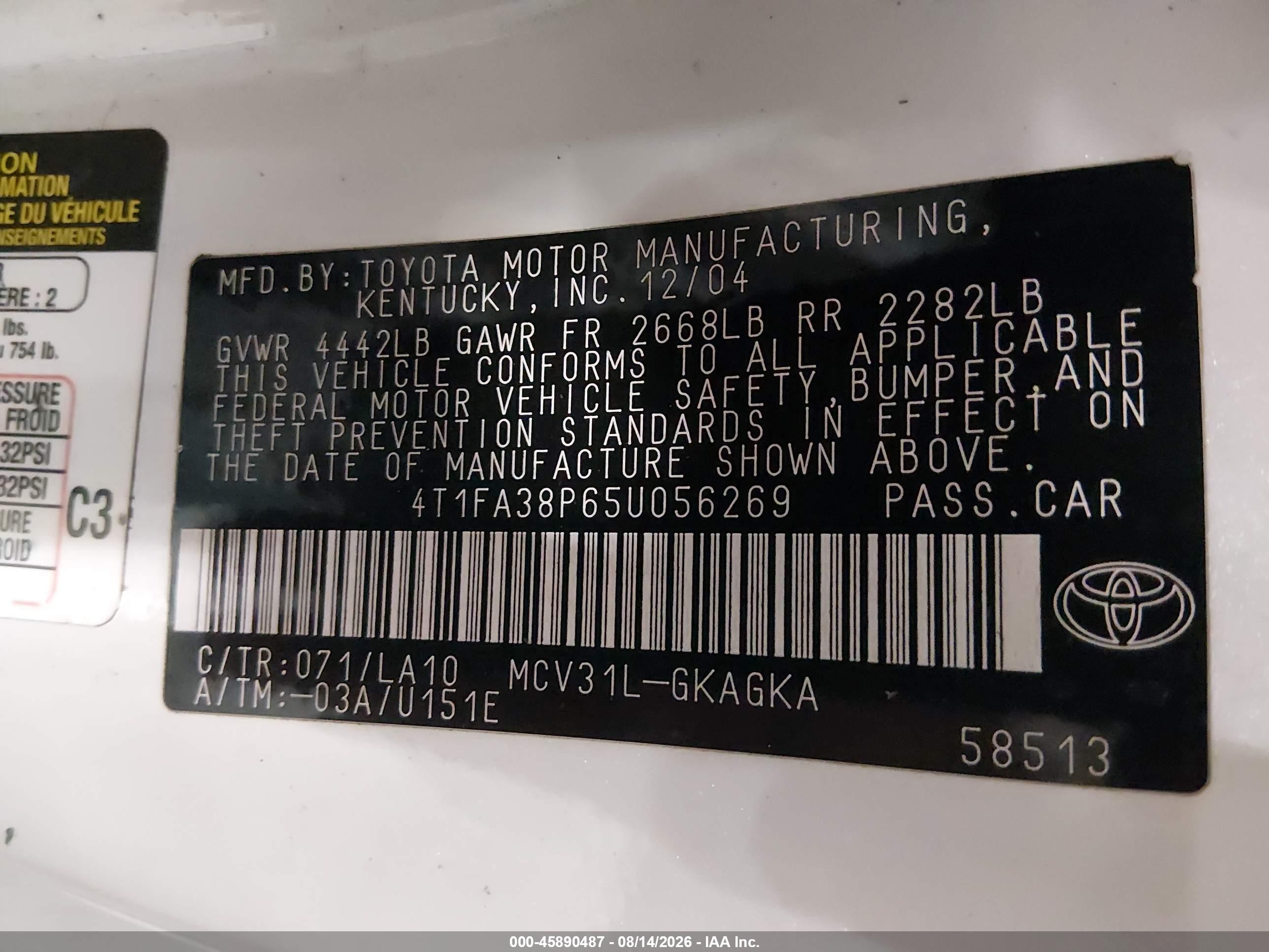 2005 Toyota Camry Solara Sle White vin: 4T1FA38P65U056269