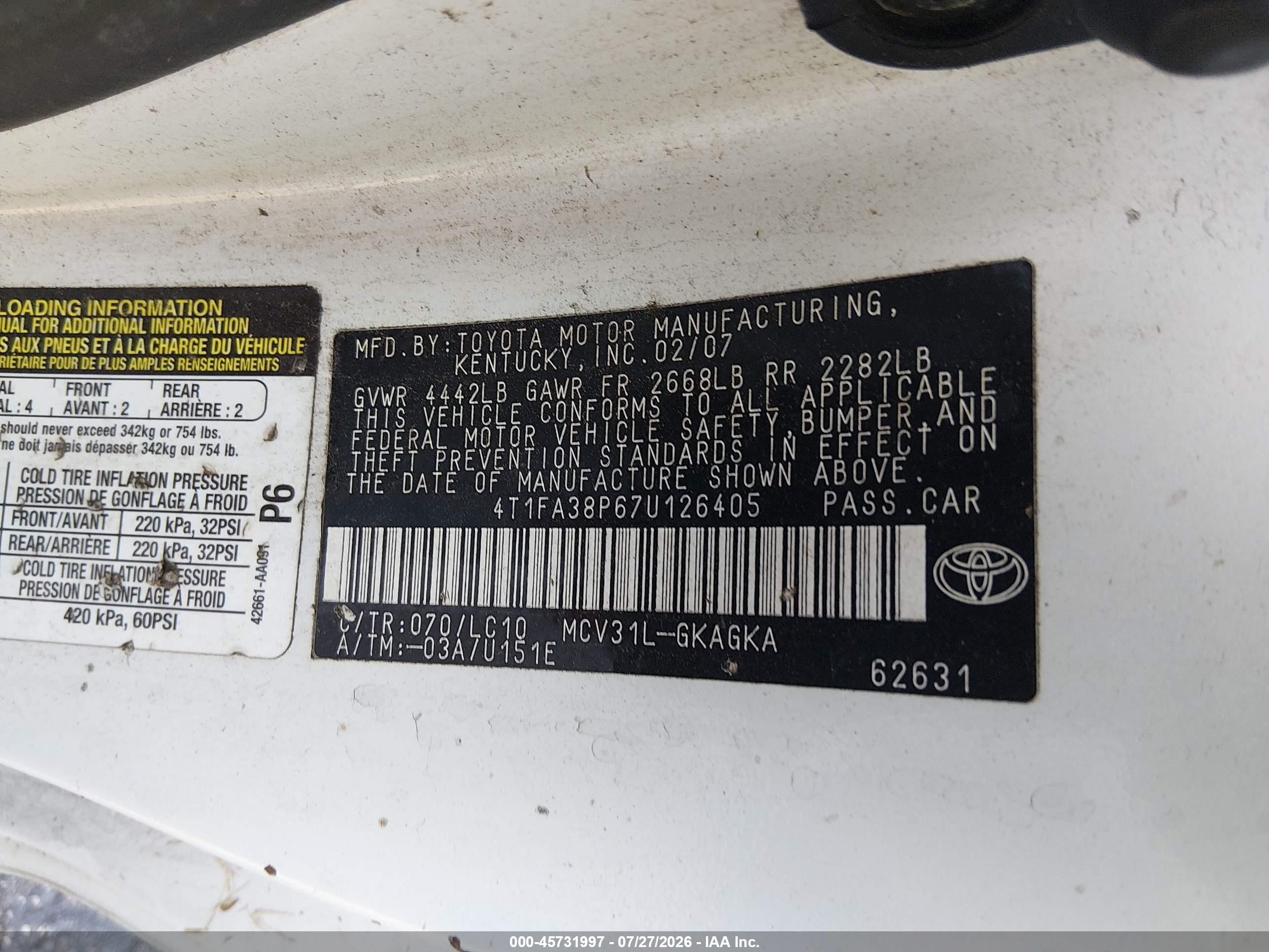 2007 Toyota Camry Solara Sle White vin: 4T1FA38P67U126405