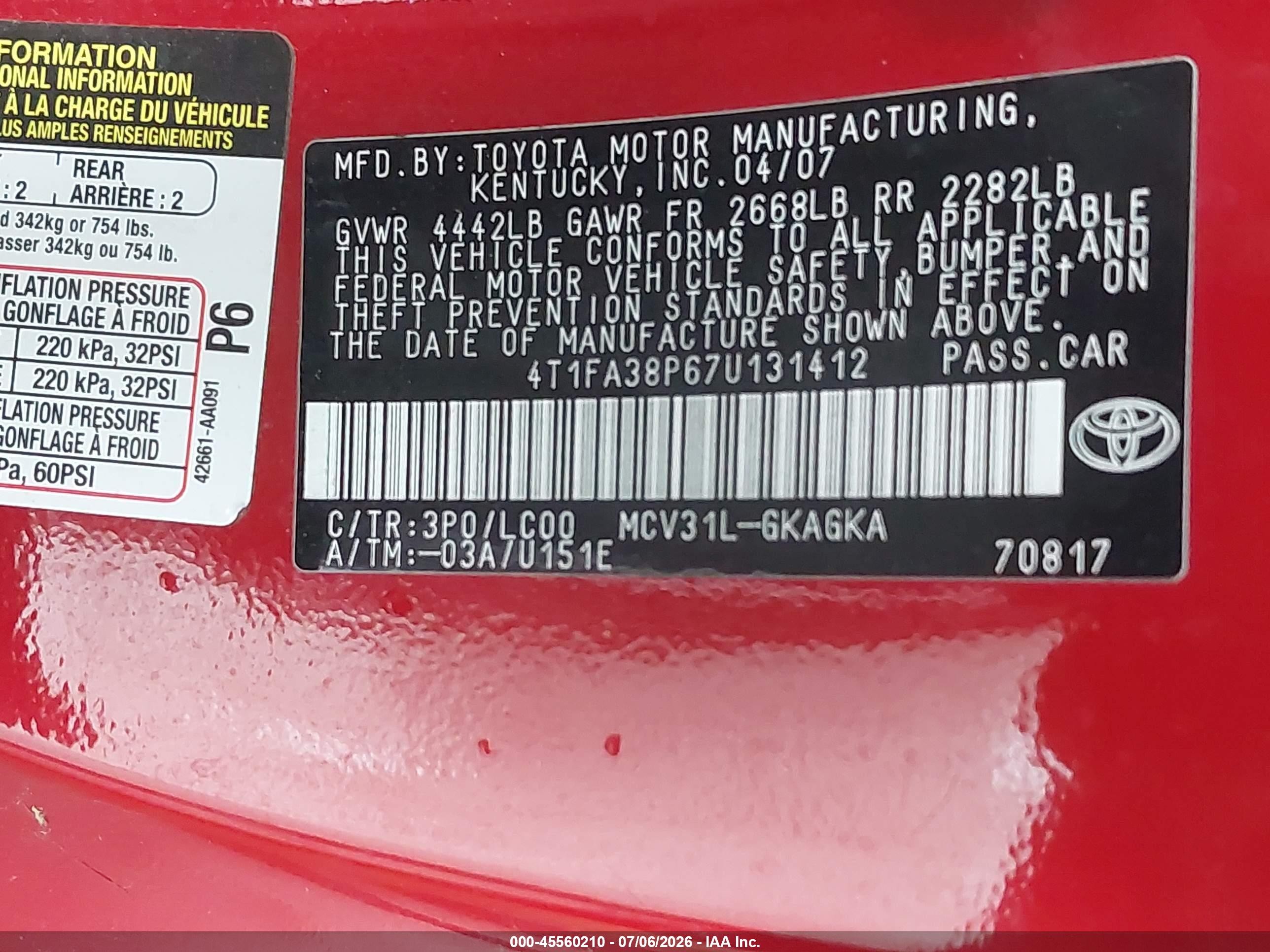 2007 Toyota Camry Solara Sle Red vin: 4T1FA38P67U131412