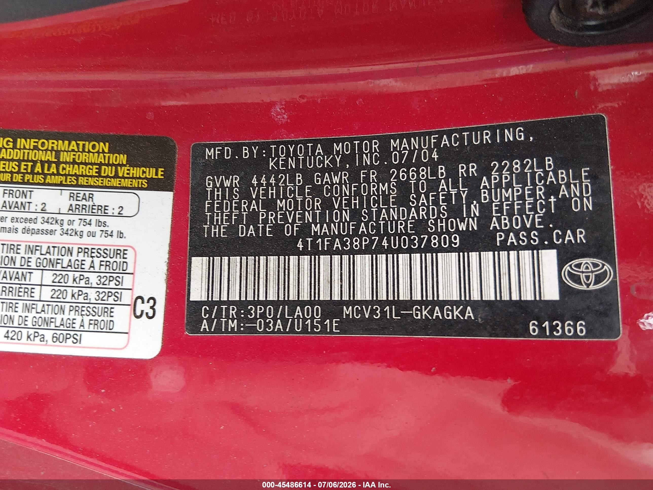 2004 Toyota Camry Solara Sle Red vin: 4T1FA38P74U037809
