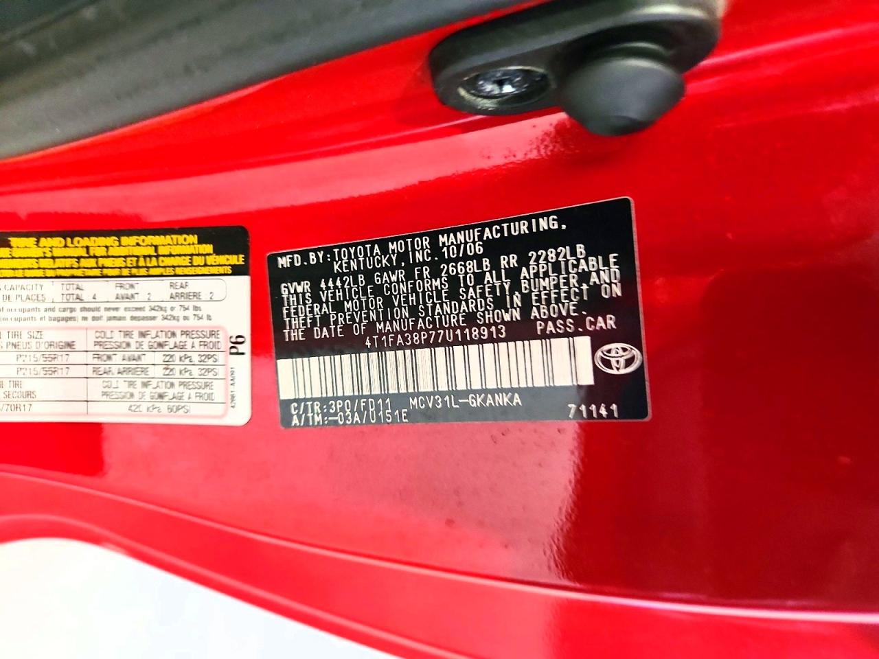 2007 Toyota Camry Solara Sport V6 Red vin: 4T1FA38P77U118913