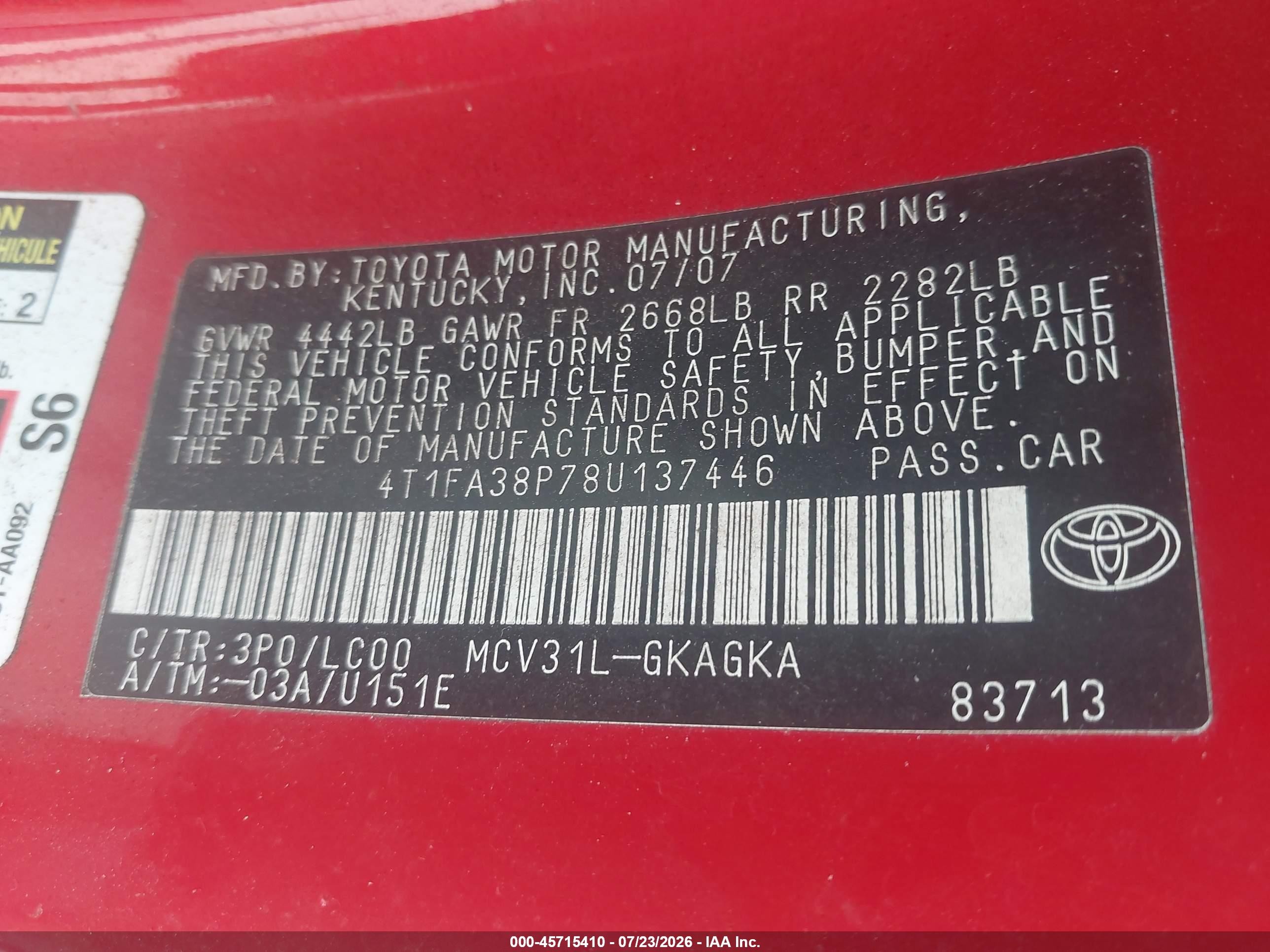 2008 Toyota Camry Solara Sle Красный vin: 4T1FA38P78U137446