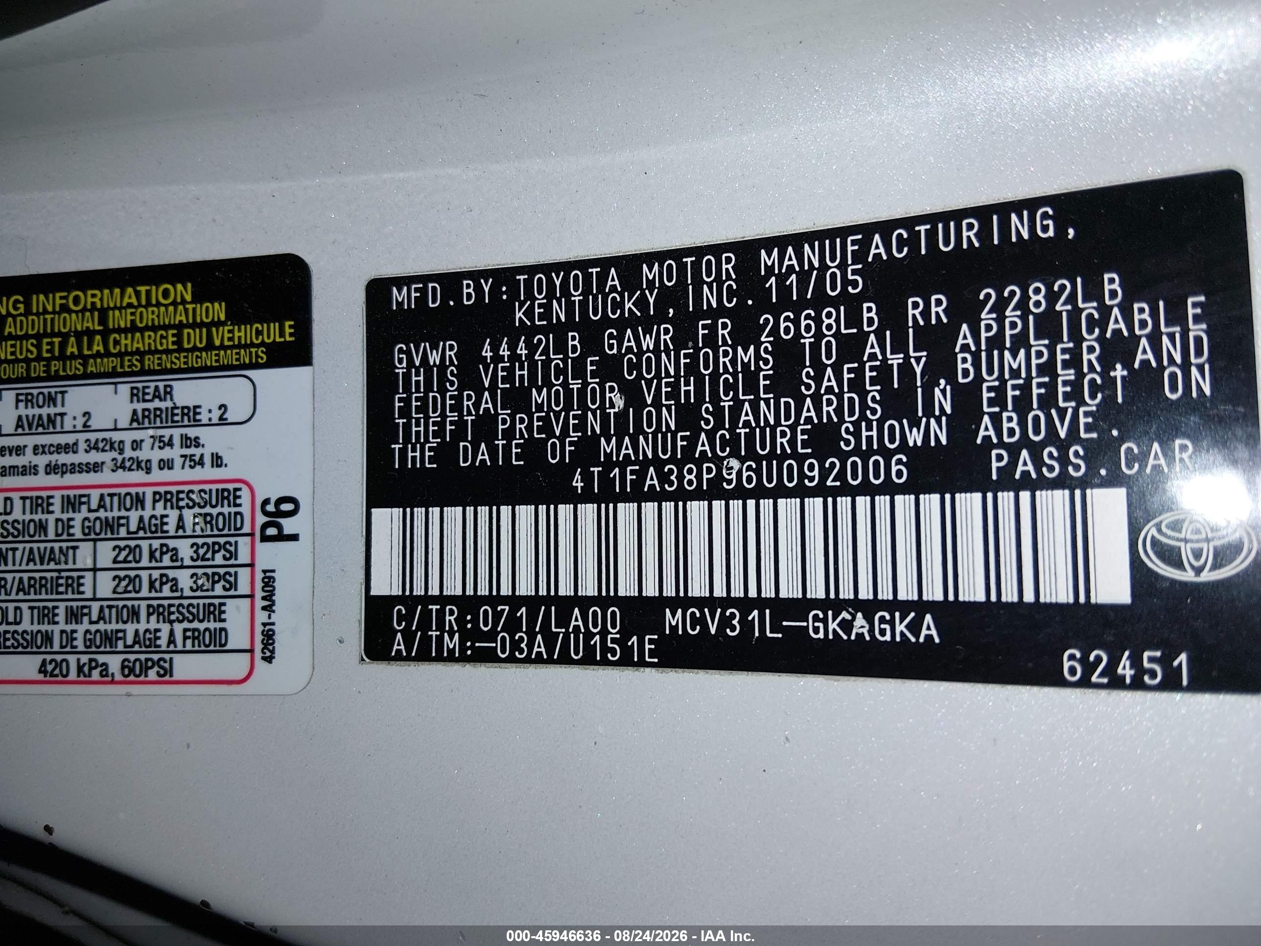 2006 Toyota Camry Solara Sle Белый vin: 4T1FA38P96U092006