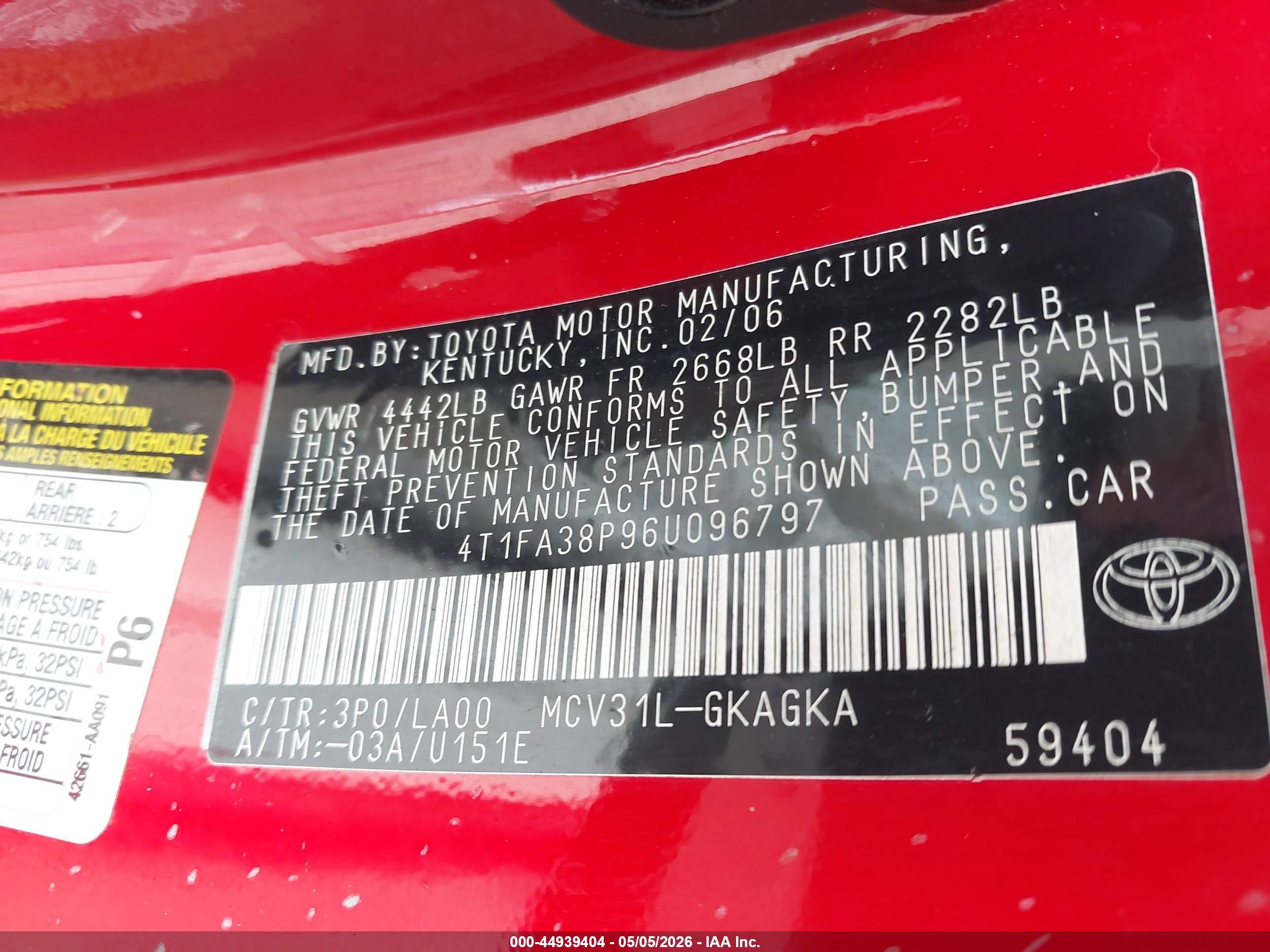 2006 Toyota Camry Solara Sle Red vin: 4T1FA38P96U096797