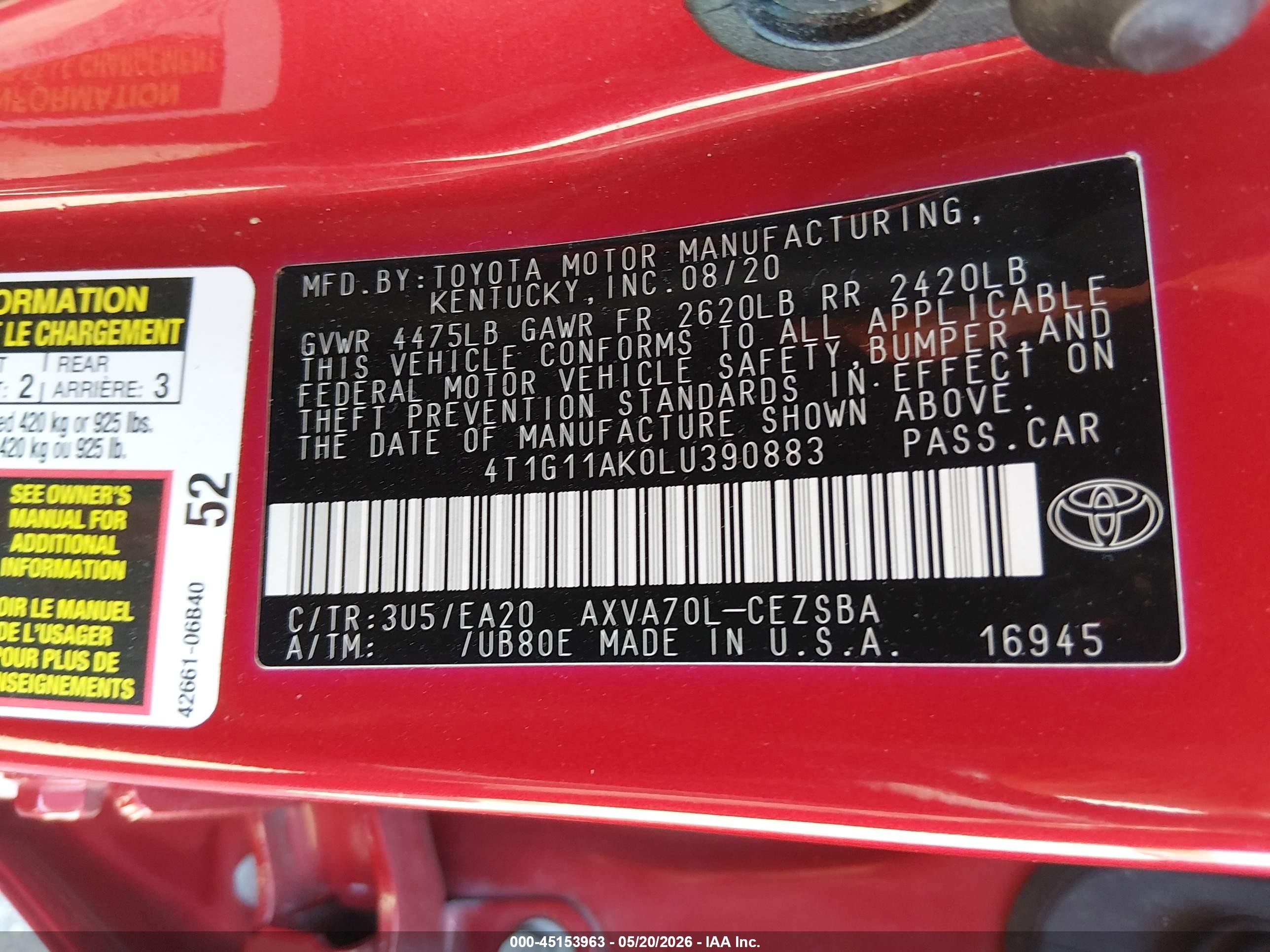 2020 Toyota Camry Se Красный vin: 4T1G11AK0LU390883
