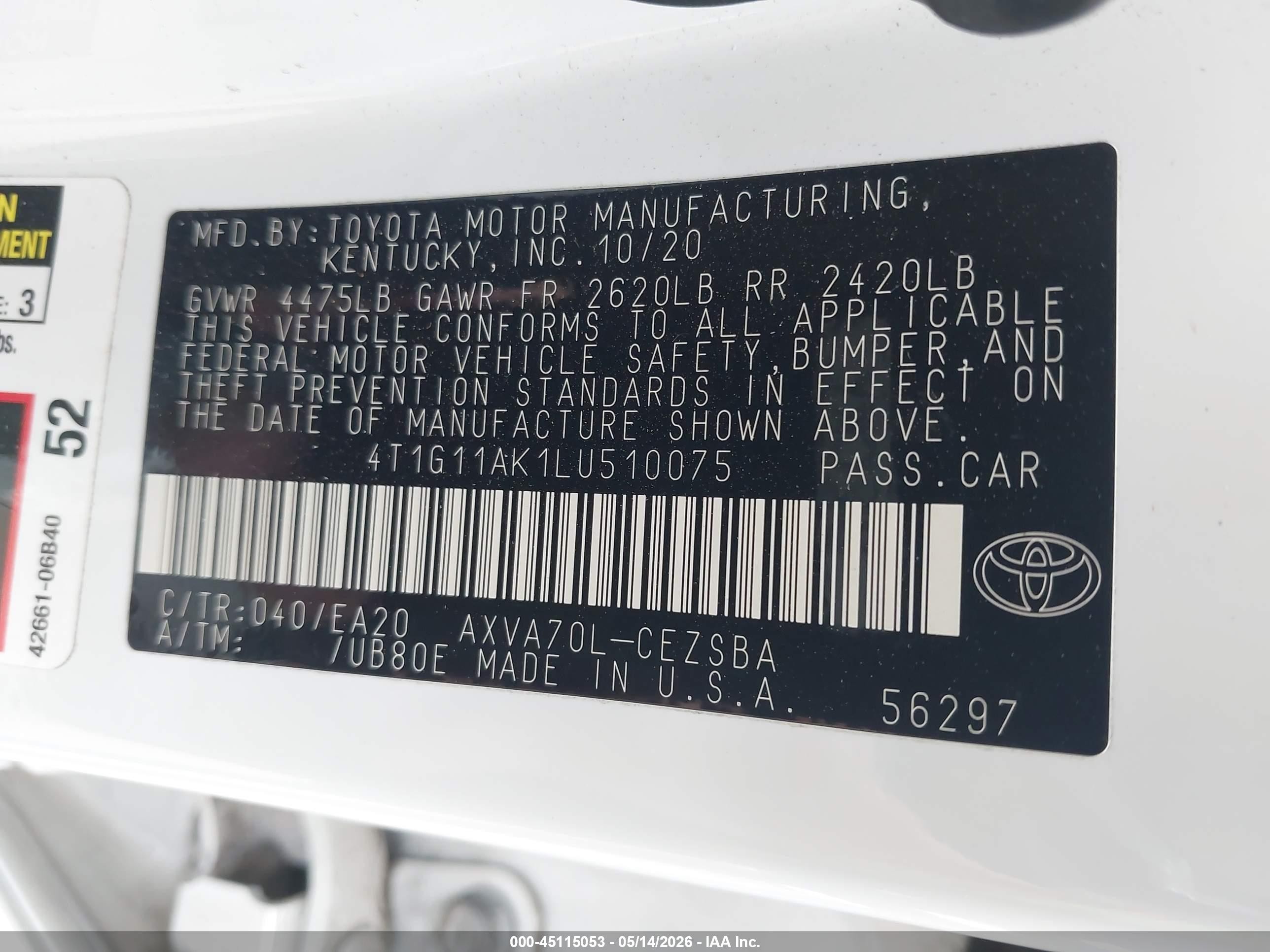 2020 Toyota Camry Se Белый vin: 4T1G11AK1LU510075