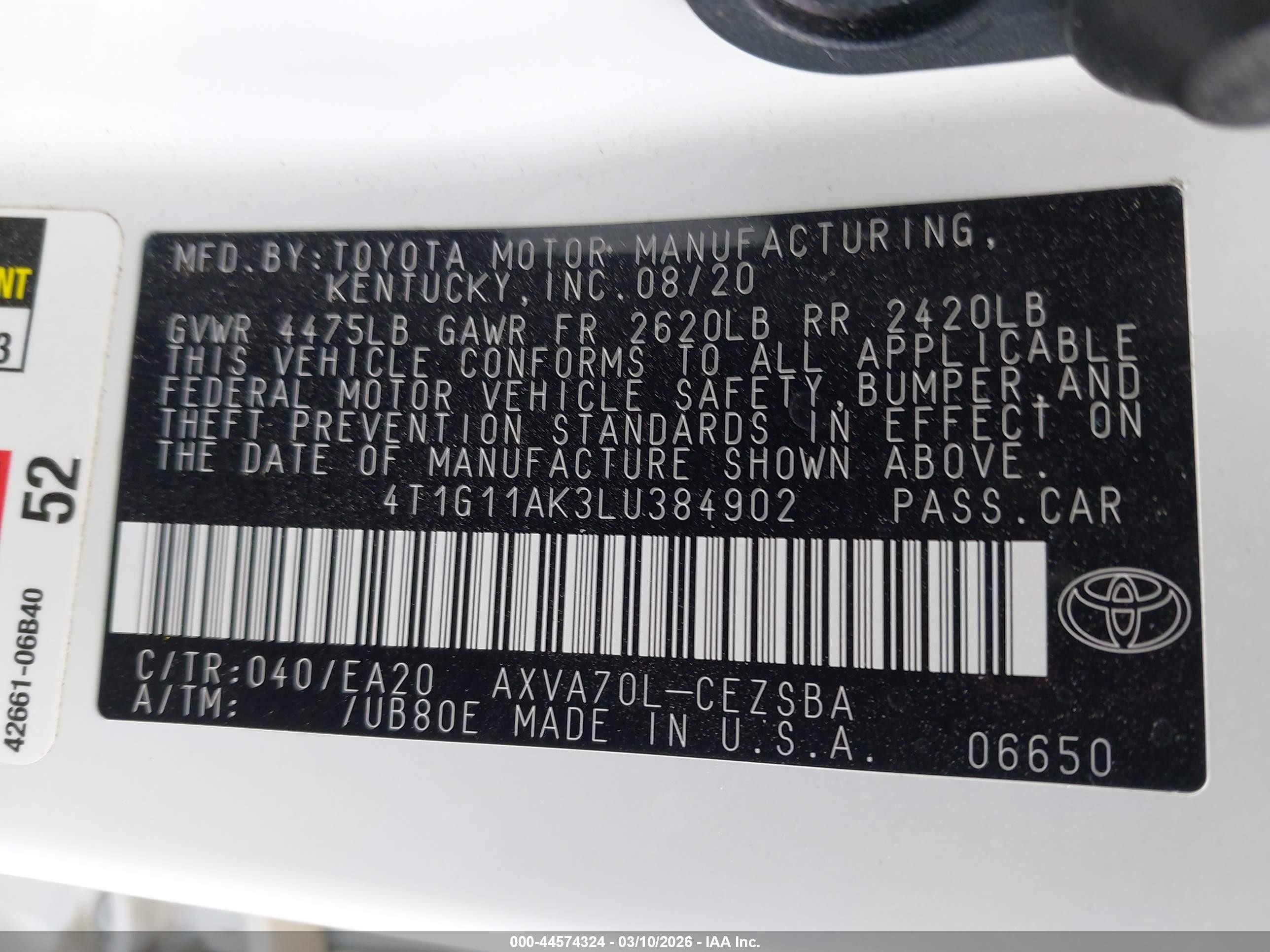 2020 Toyota Camry Se White vin: 4T1G11AK3LU384902
