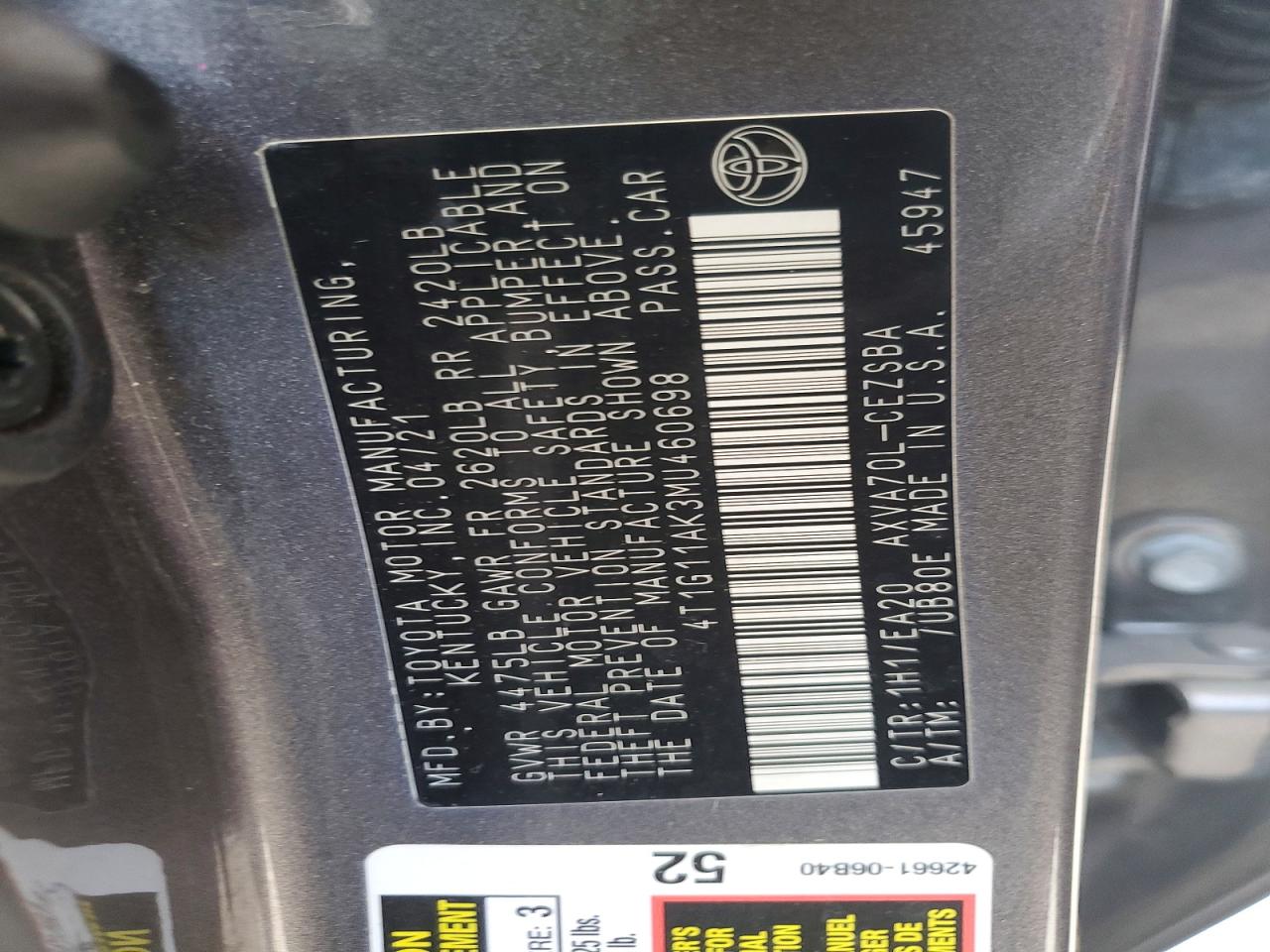 2021 Toyota Camry Se Gray vin: 4T1G11AK3MU460698