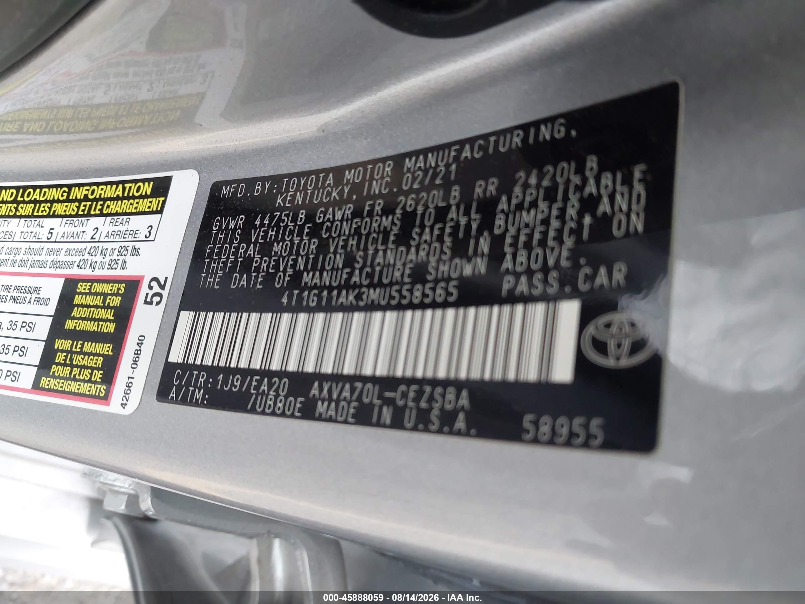 2021 Toyota Camry Se/se Night Shade Silver vin: 4T1G11AK3MU558565