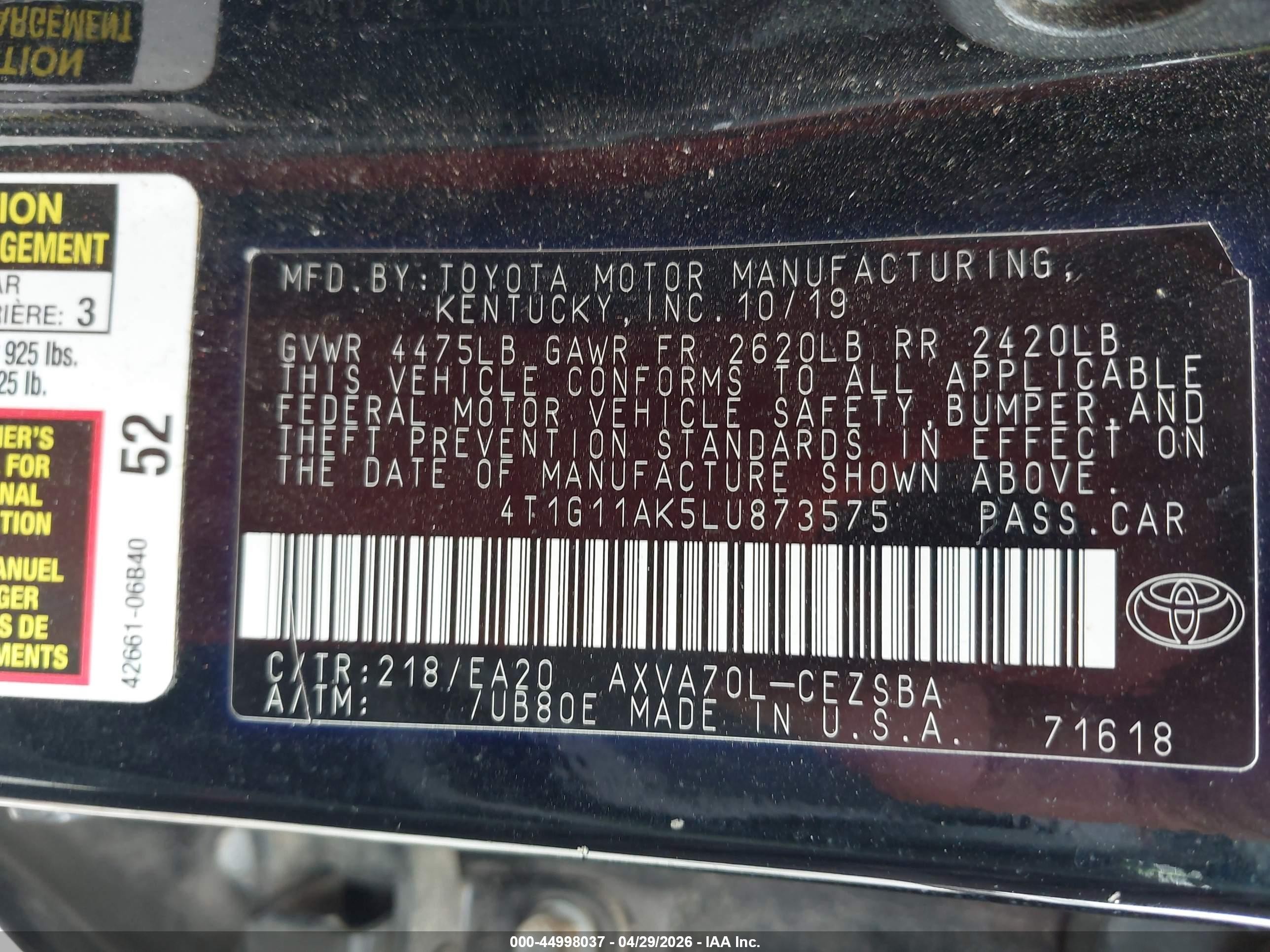 2020 Toyota Camry Se Черный vin: 4T1G11AK5LU873575