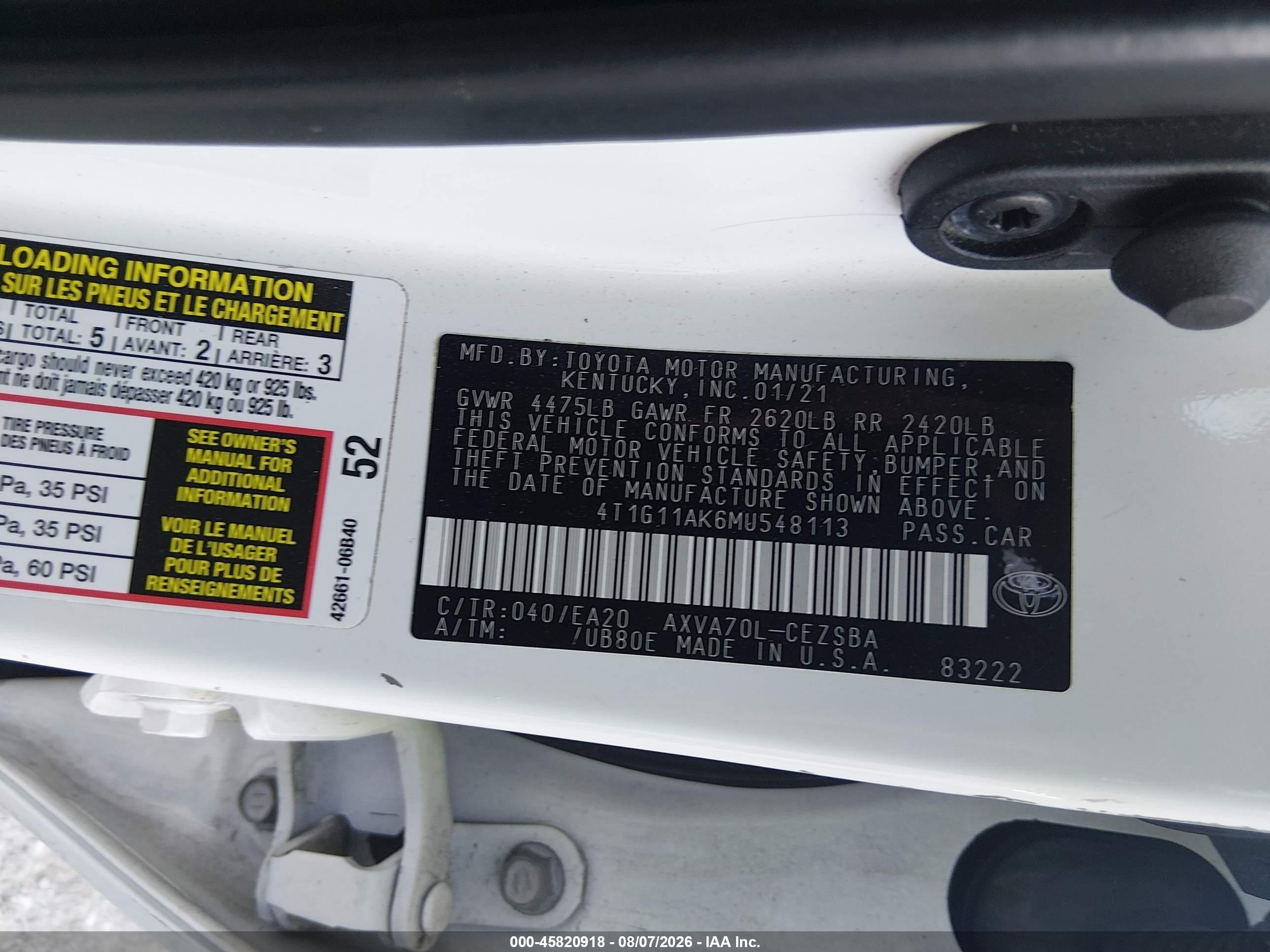 2021 Toyota Camry Se White vin: 4T1G11AK6MU548113