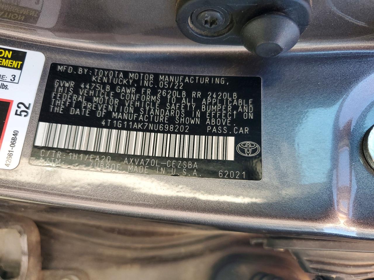 2022 Toyota Camry Se Charcoal vin: 4T1G11AK7NU698202