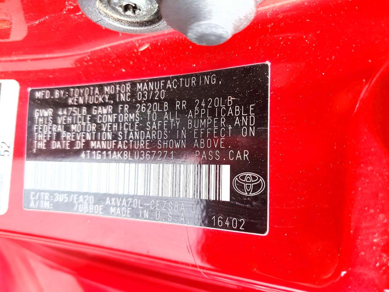 2020 Toyota Camry Se Red vin: 4T1G11AK8LU367271
