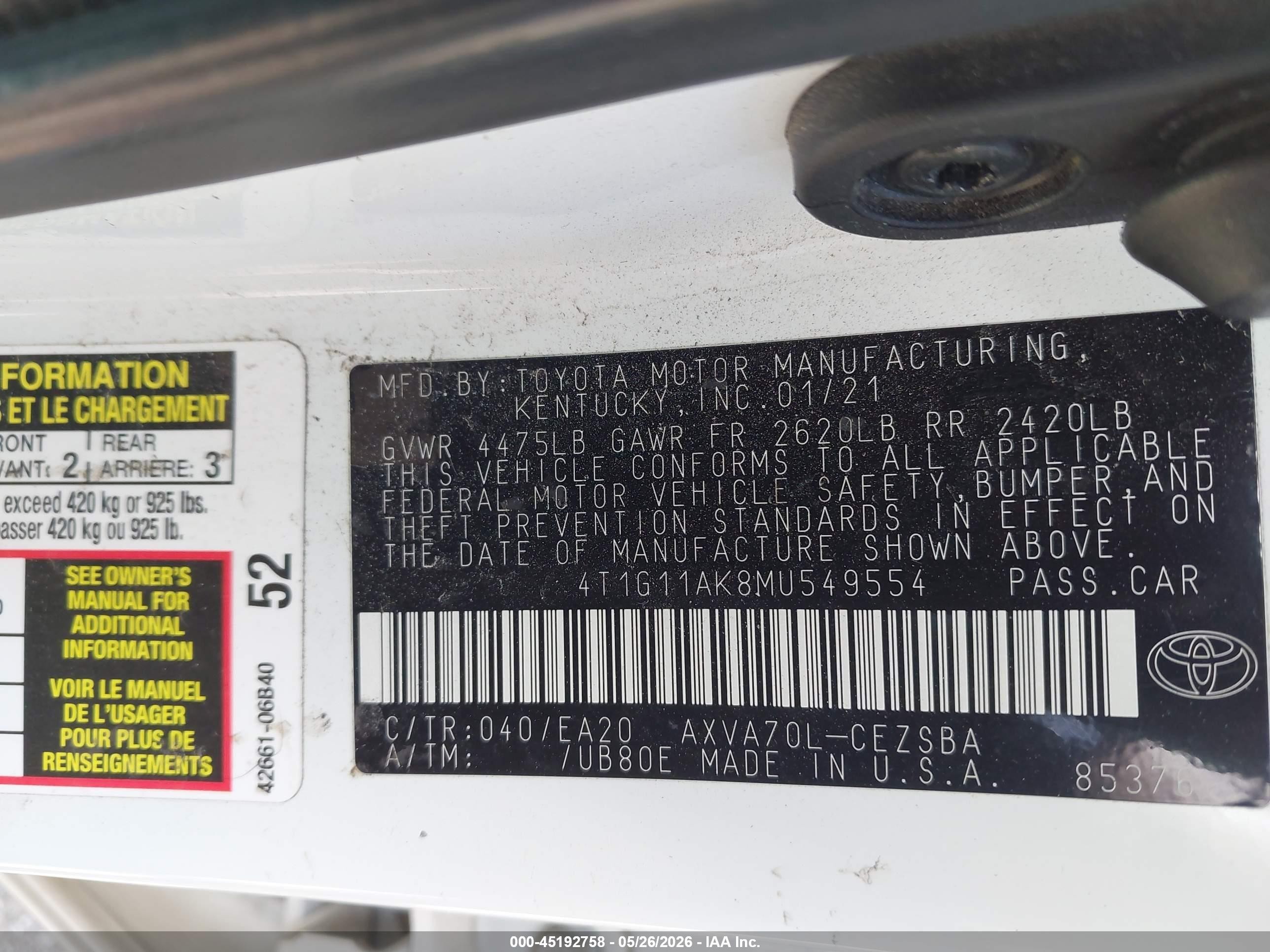 2021 Toyota Camry Se White vin: 4T1G11AK8MU549554