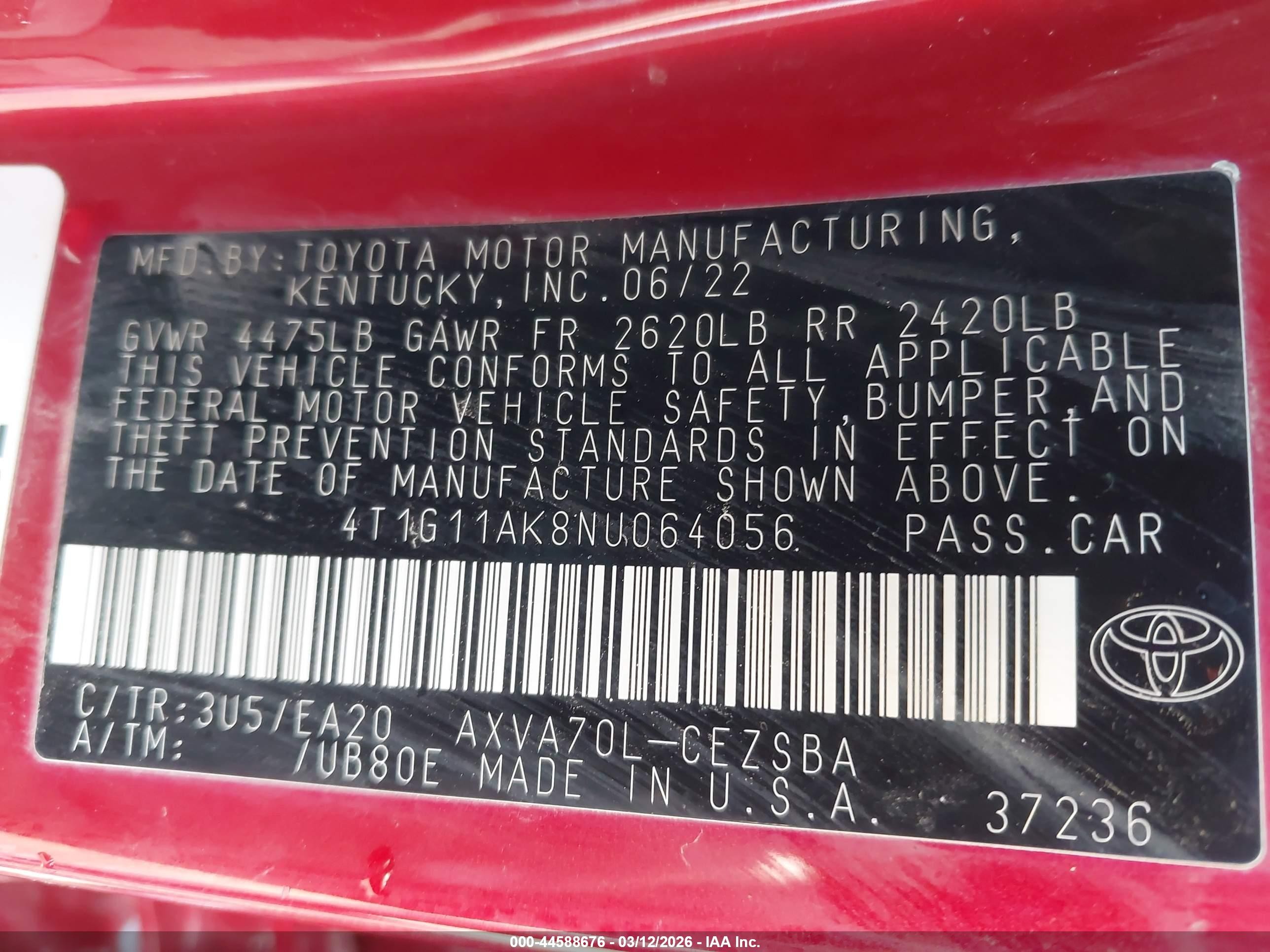 2022 Toyota Camry Se Красный vin: 4T1G11AK8NU064056